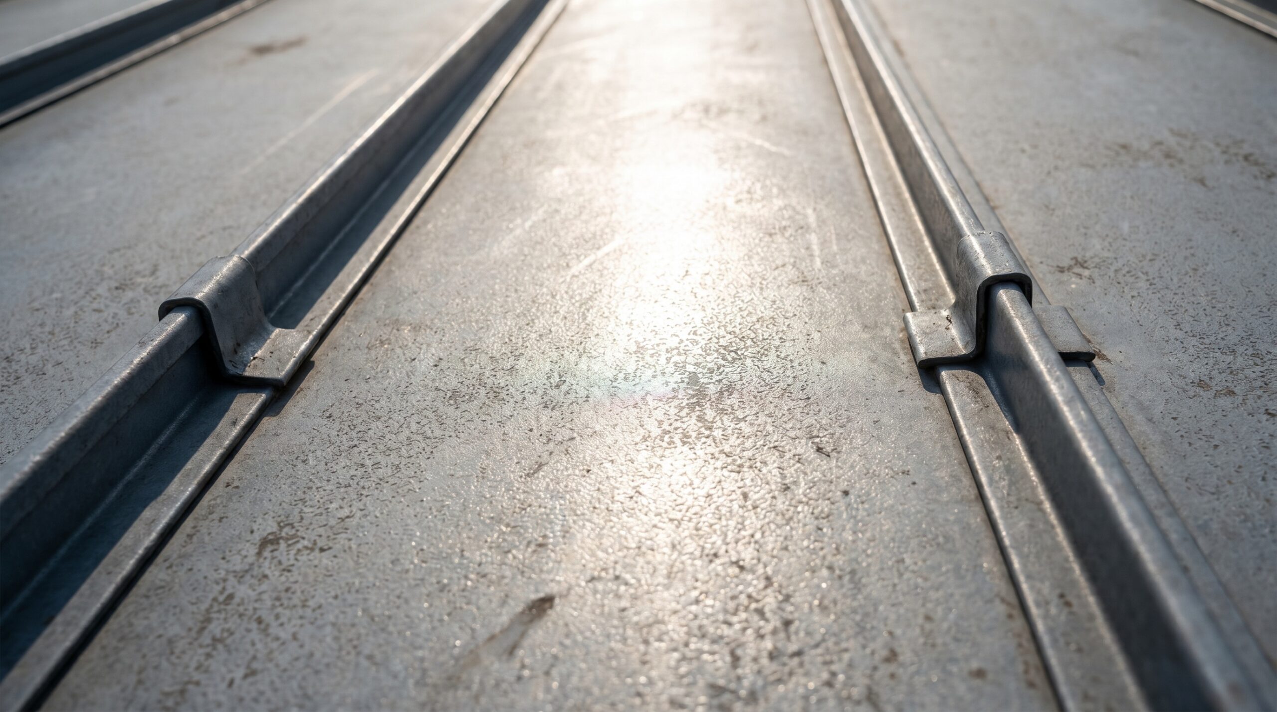 Close-up of steel standing seam panels showing vertical seams and protective coating