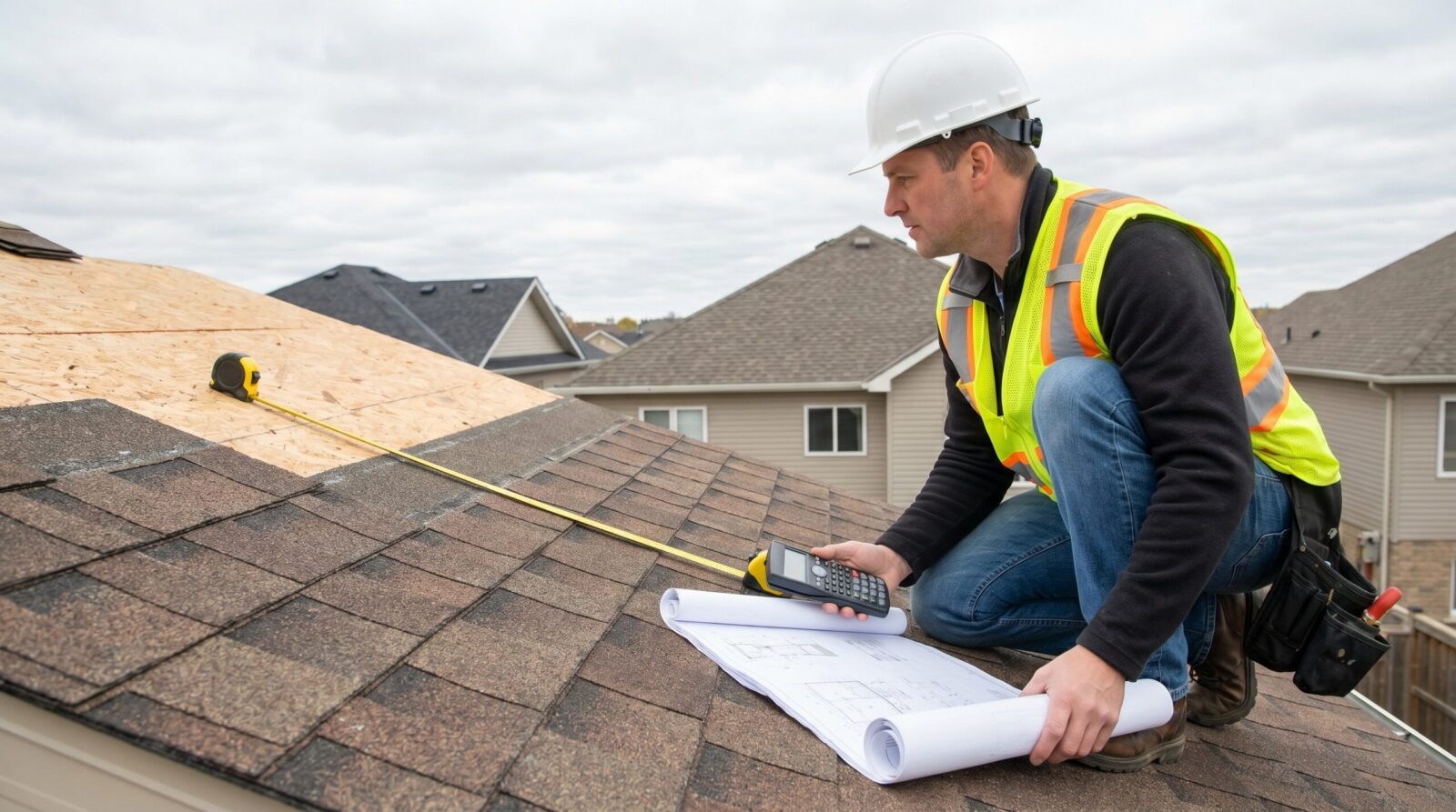 Roofing contractor measuring roof dimensions with calculator and blueprints
