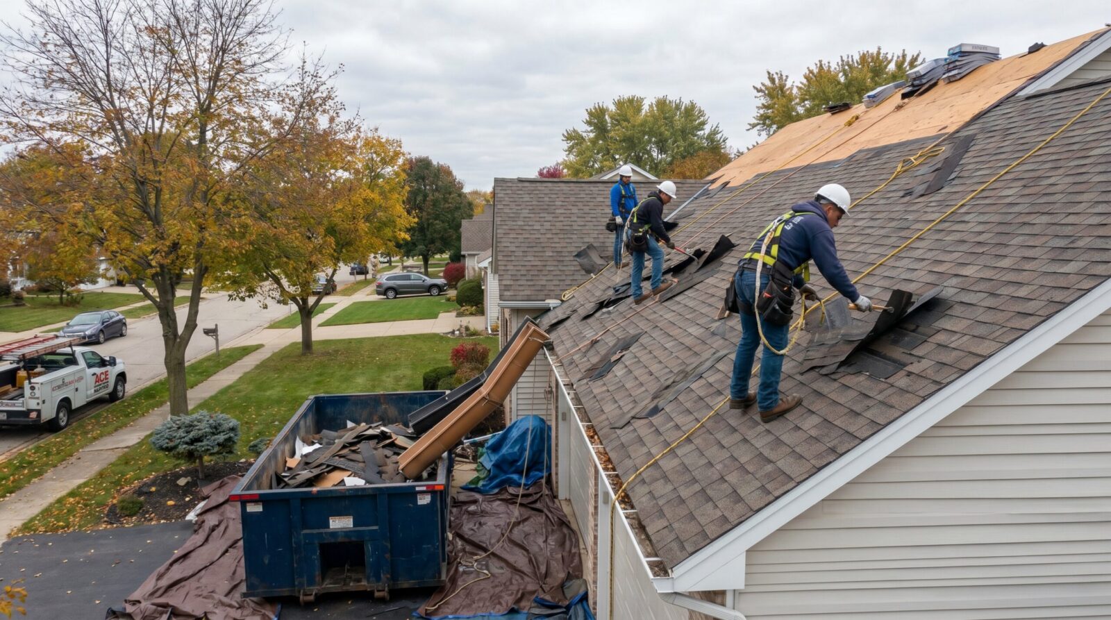 Roofing crew removing old shingles with dumpster and safety equipment