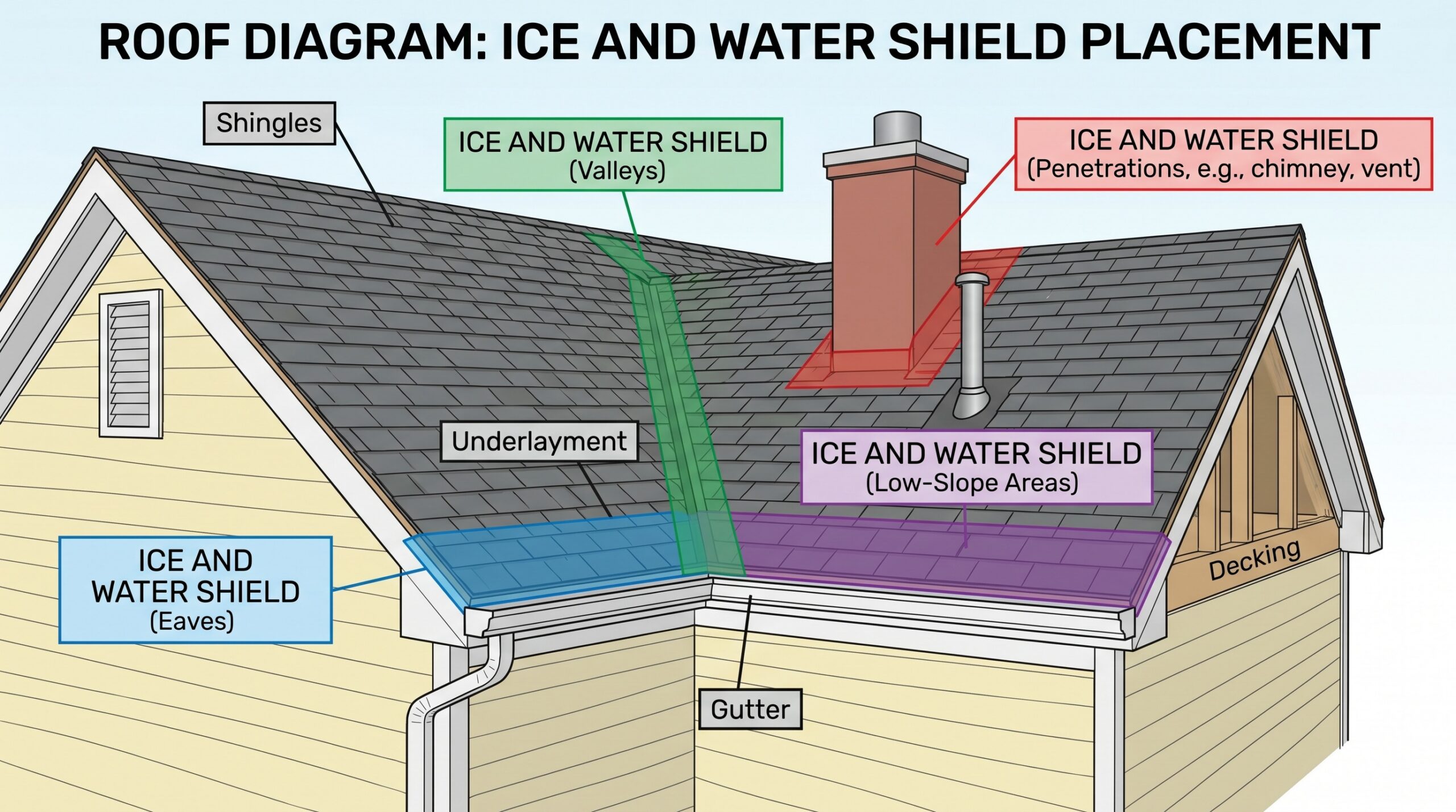 Labeled roof diagram showing ice and water shield placement at eaves, valleys, penetrations, and low-slope areas highlighted in different colors