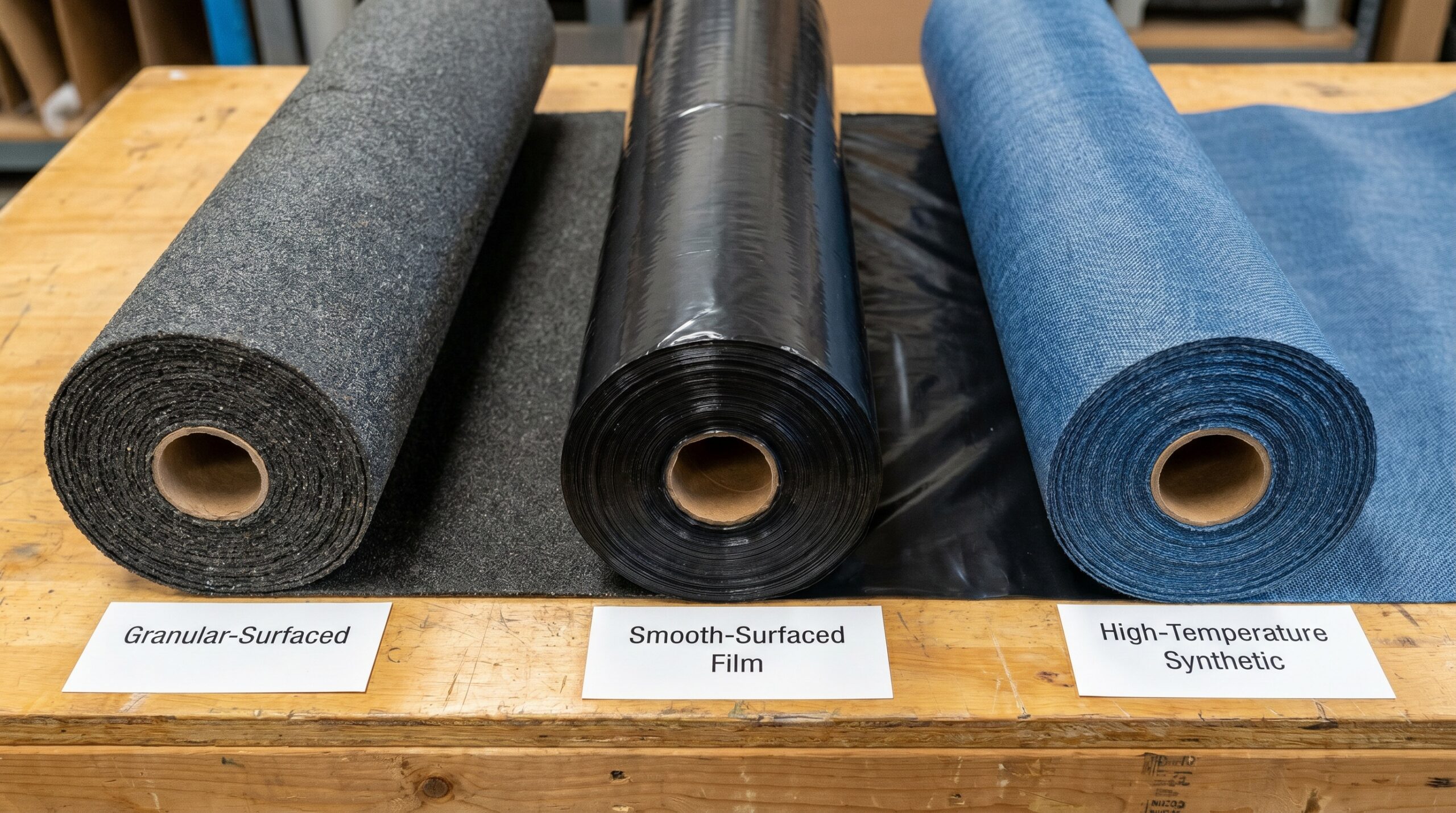 Comparison photo showing the three different types of ice and water shield materials side by side