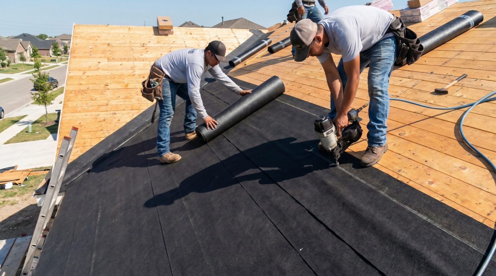 Roofing felt installation on roof deck