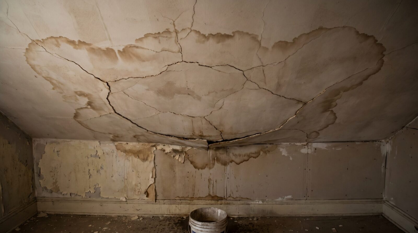 Interior ceiling cracks and water stains from sagging roof