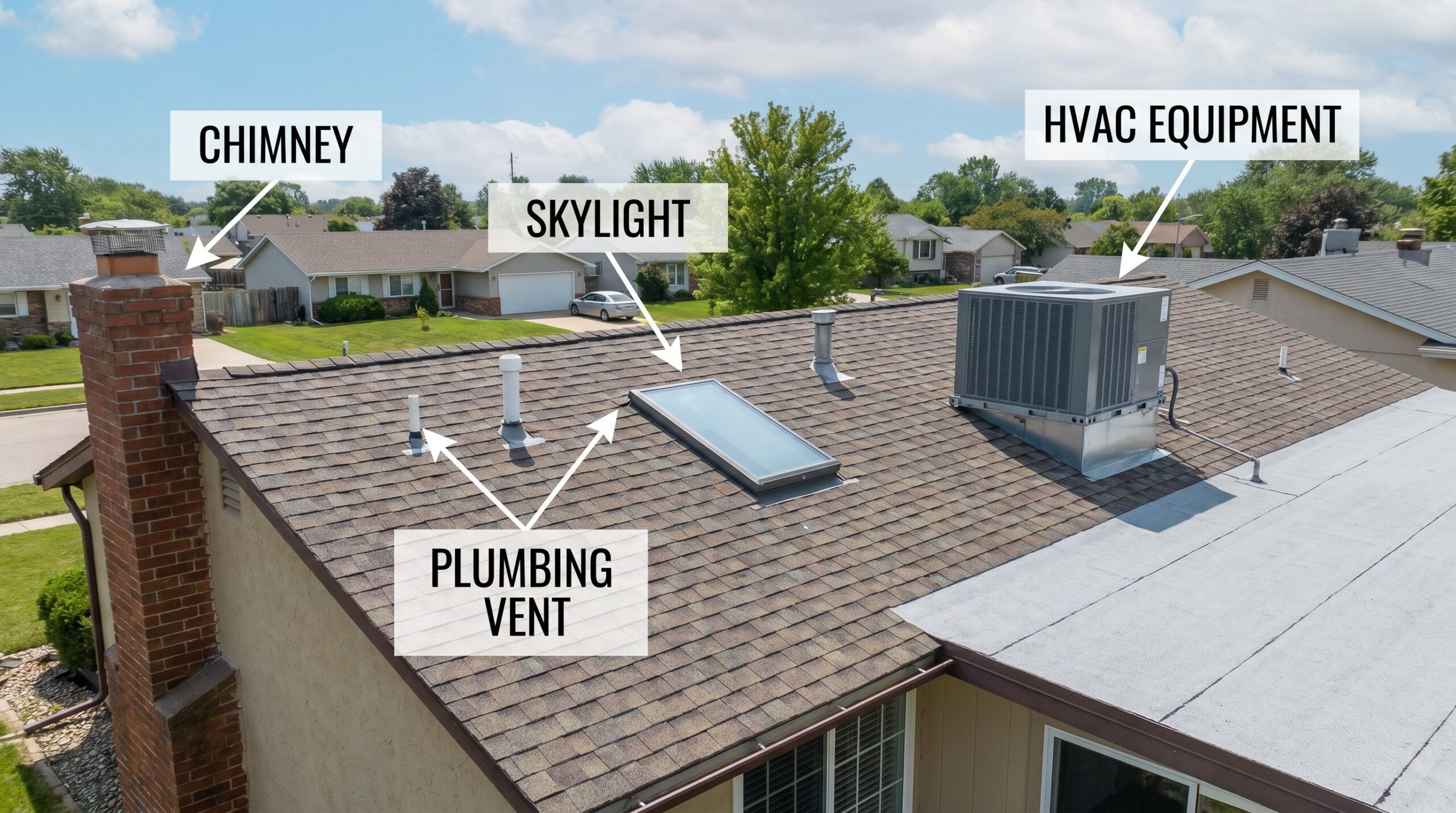 Labeled diagram showing different roof penetration types on house