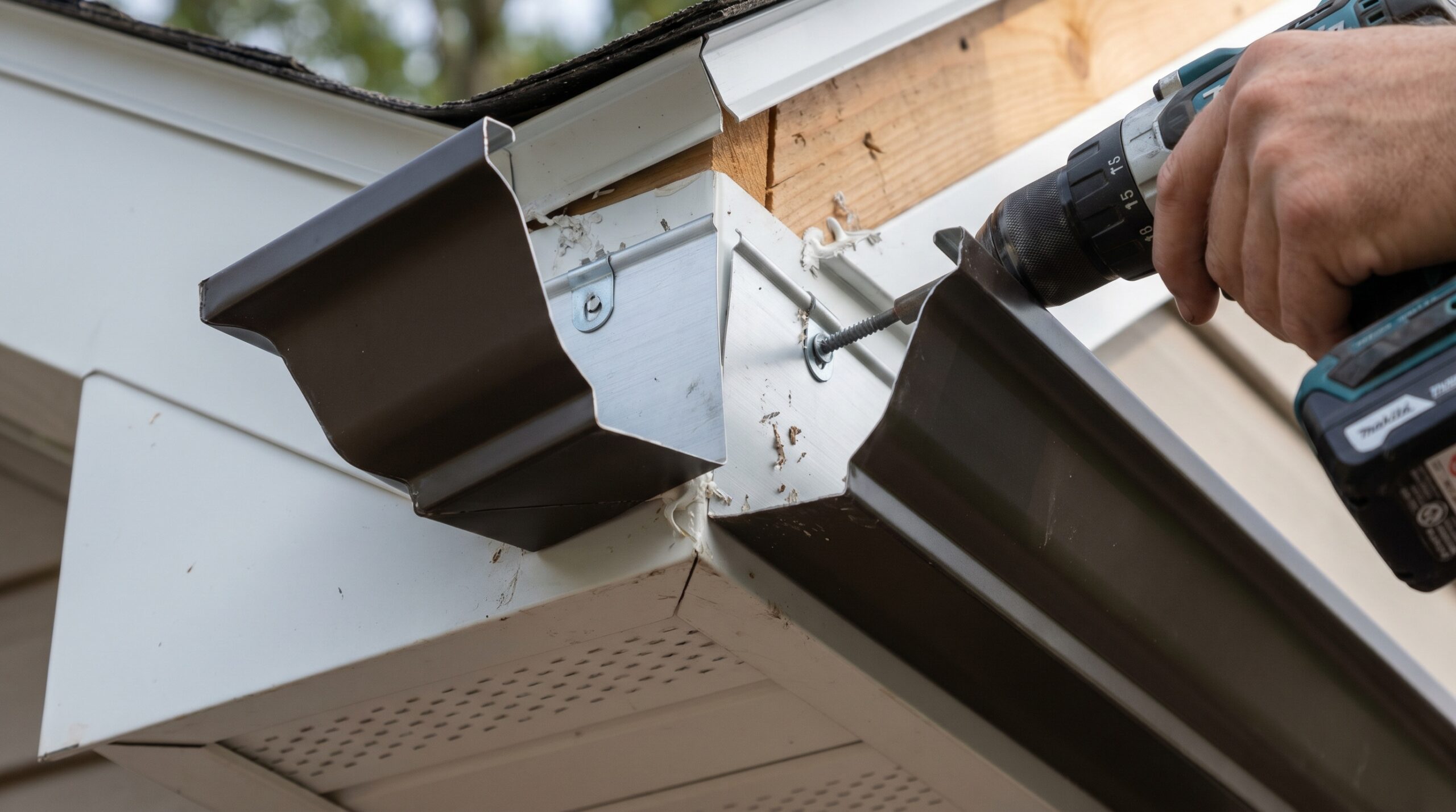 Close-up view of aluminum fascia board installation with gutters being attached