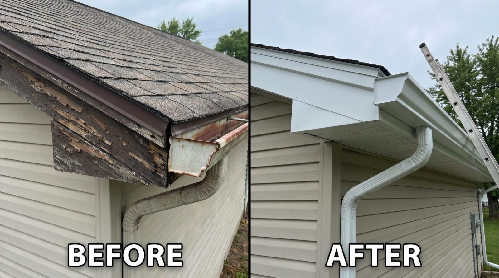 Before and after comparison showing old damaged wood fascia being replaced with new aluminum fascia