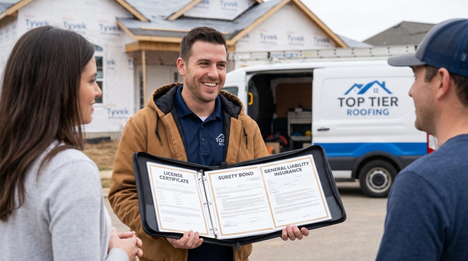 Roofing contractor showing license bond insurance documents
