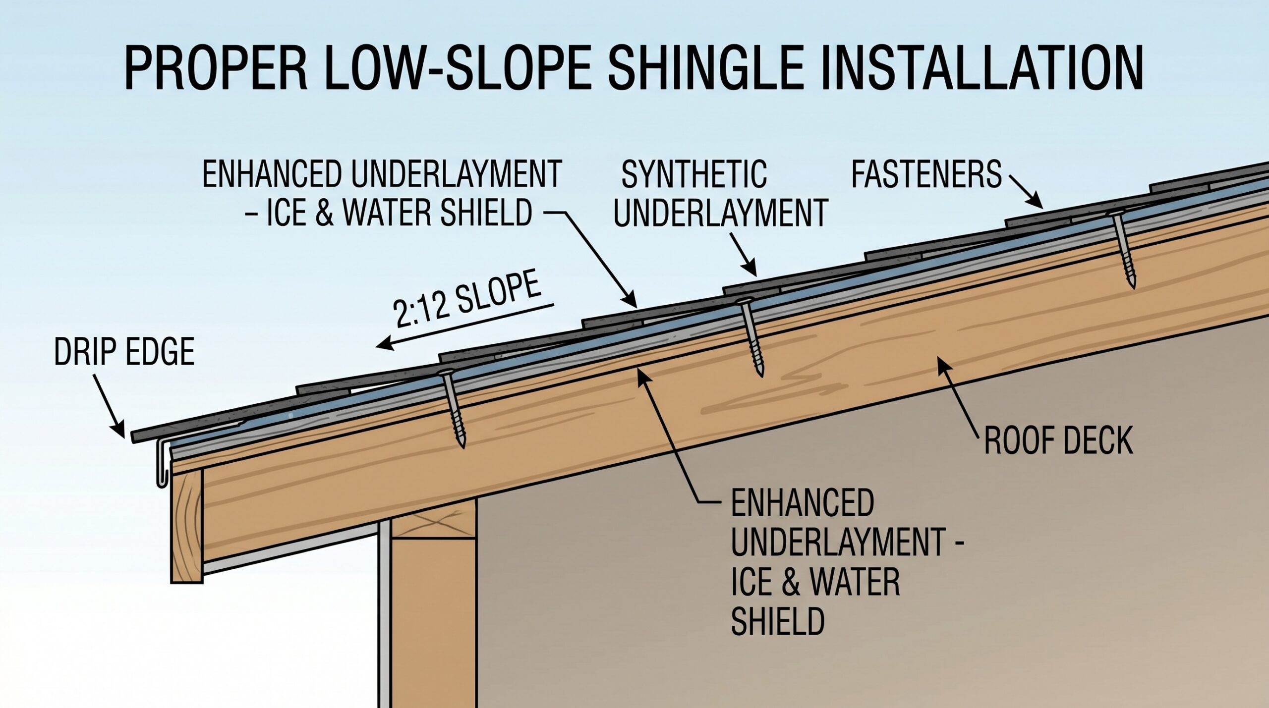Cross-section diagram showing proper low-slope shingle installation with enhanced underlayment