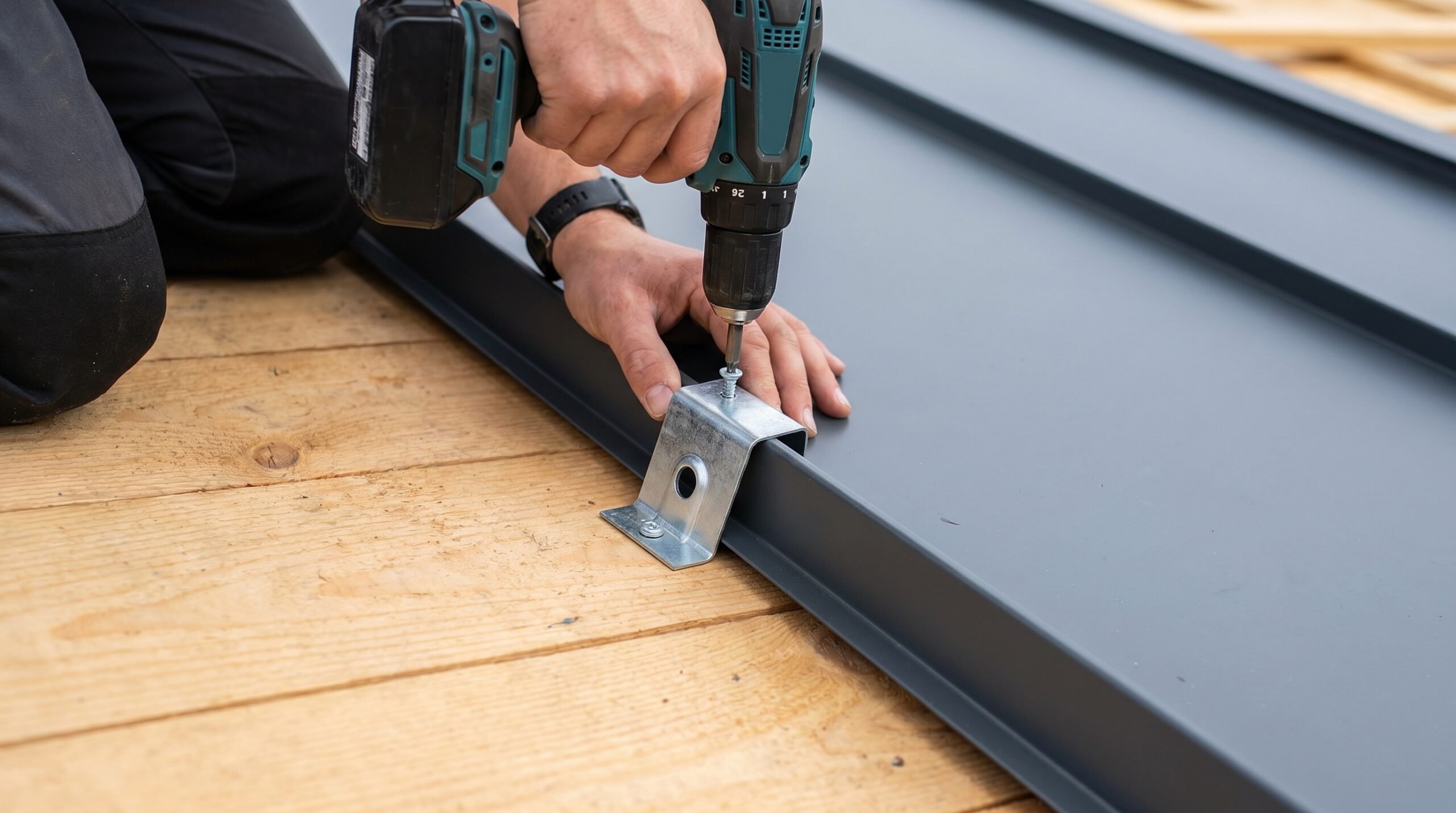 Metal roof installation process showing panel attachment and seaming