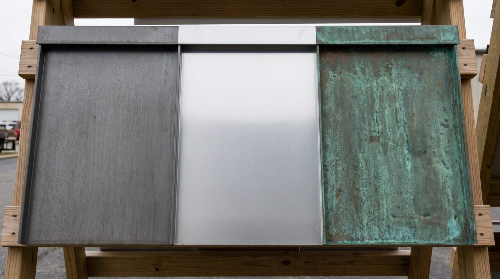 Comparison of steel, aluminum, and copper standing seam panels side by side