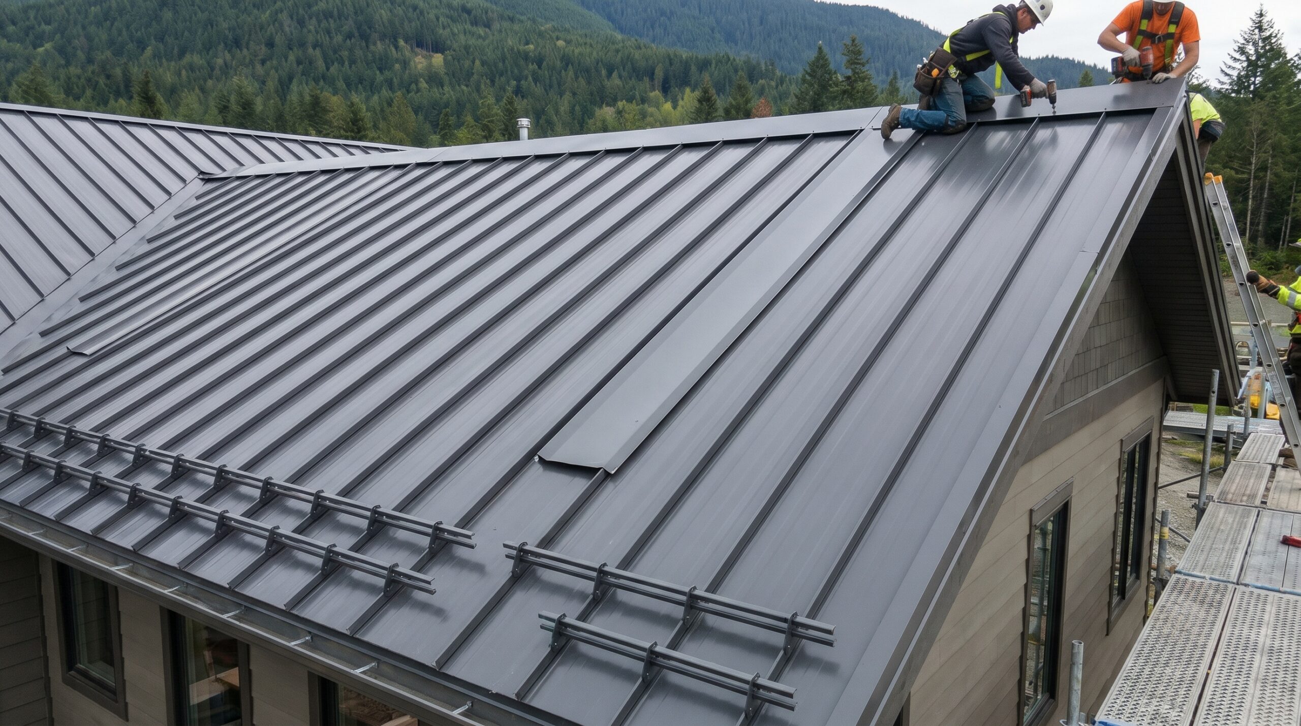 Metal roof with standing seam panels, snow guards, and ridge cap installation