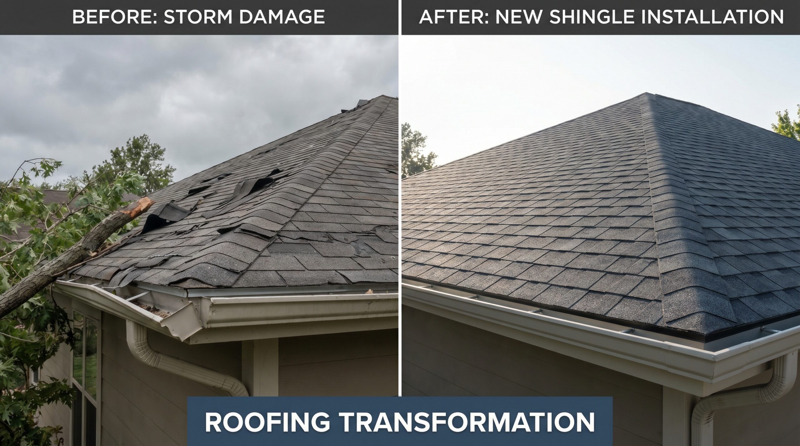 Before and after comparison showing storm-damaged roof transformed into new shingle installation