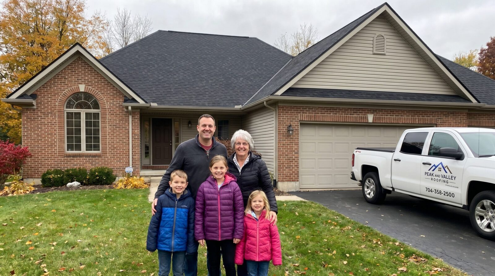Happy Northeast Ohio family standing in front of their newly installed roof with Peak and Valley Roofing truck in driveway