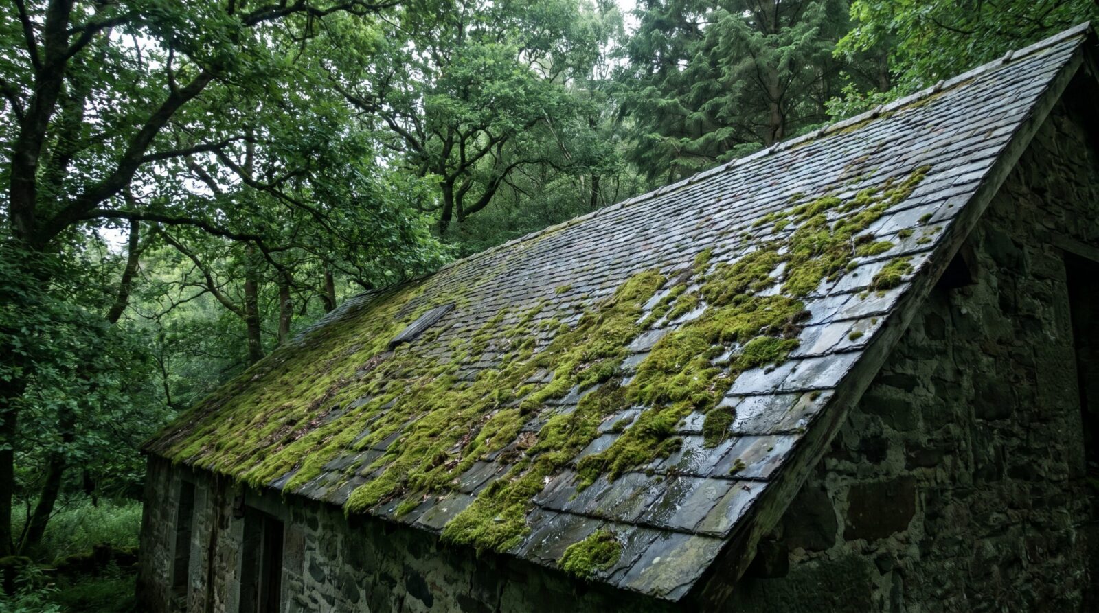 north-facing roof slope with moss growth shaded by trees