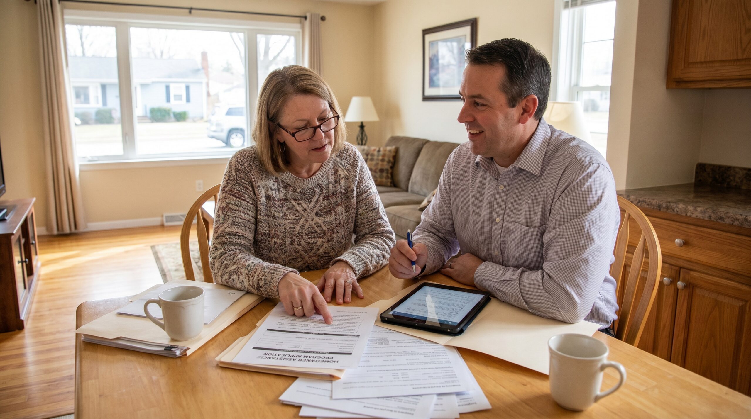 Homeowner meeting with assistance program representative reviewing paperwork