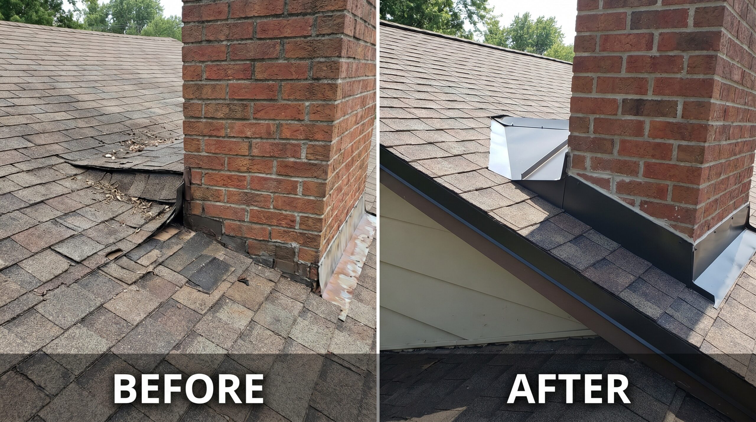 Before and after comparison showing proper drip edge installation and cricket placement behind a wide chimney