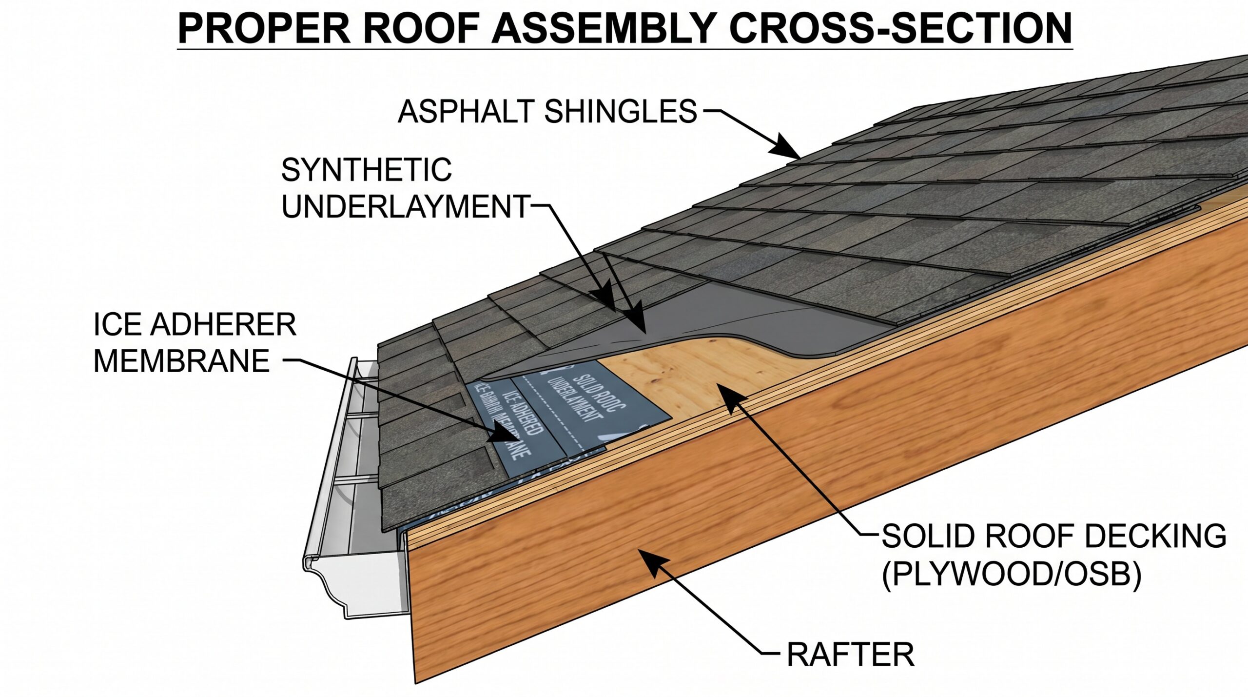 Cross-section diagram showing proper roof assembly with solid decking, ice barrier, and underlayment layers
