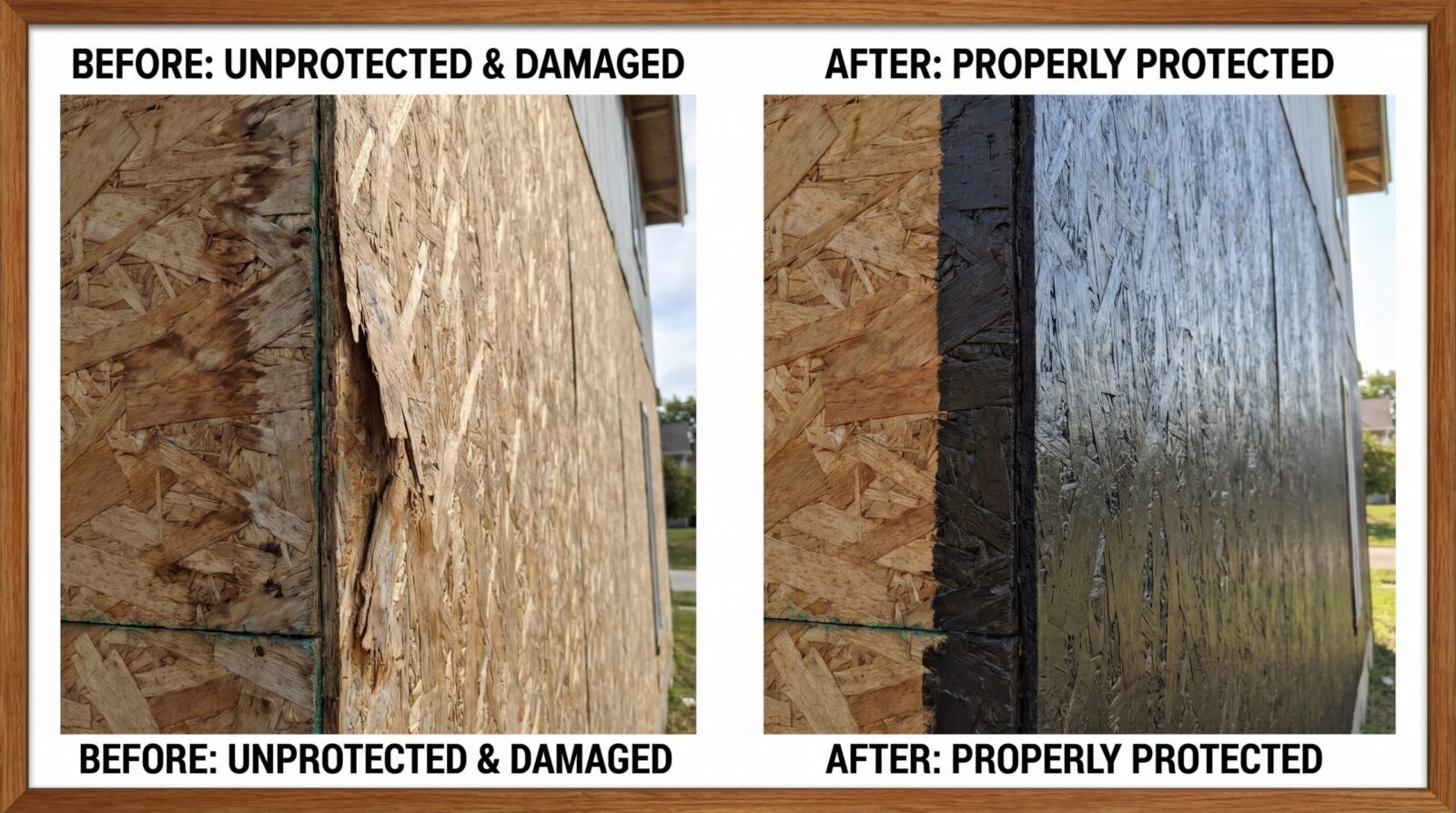Before and after photos showing OSB edge swelling damage compared to properly protected panels