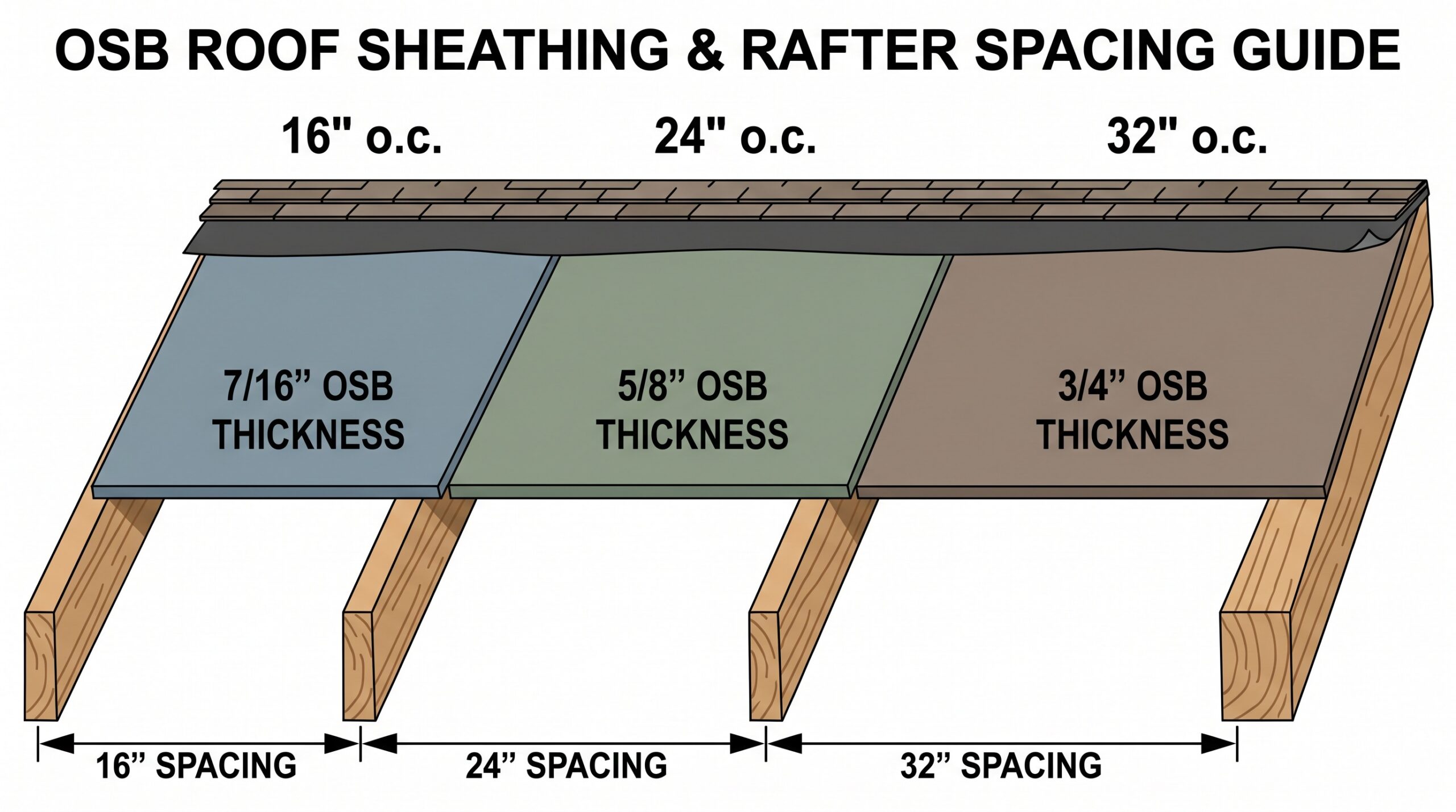 Cross-section diagram showing different OSB thicknesses with rafter spacing measurements