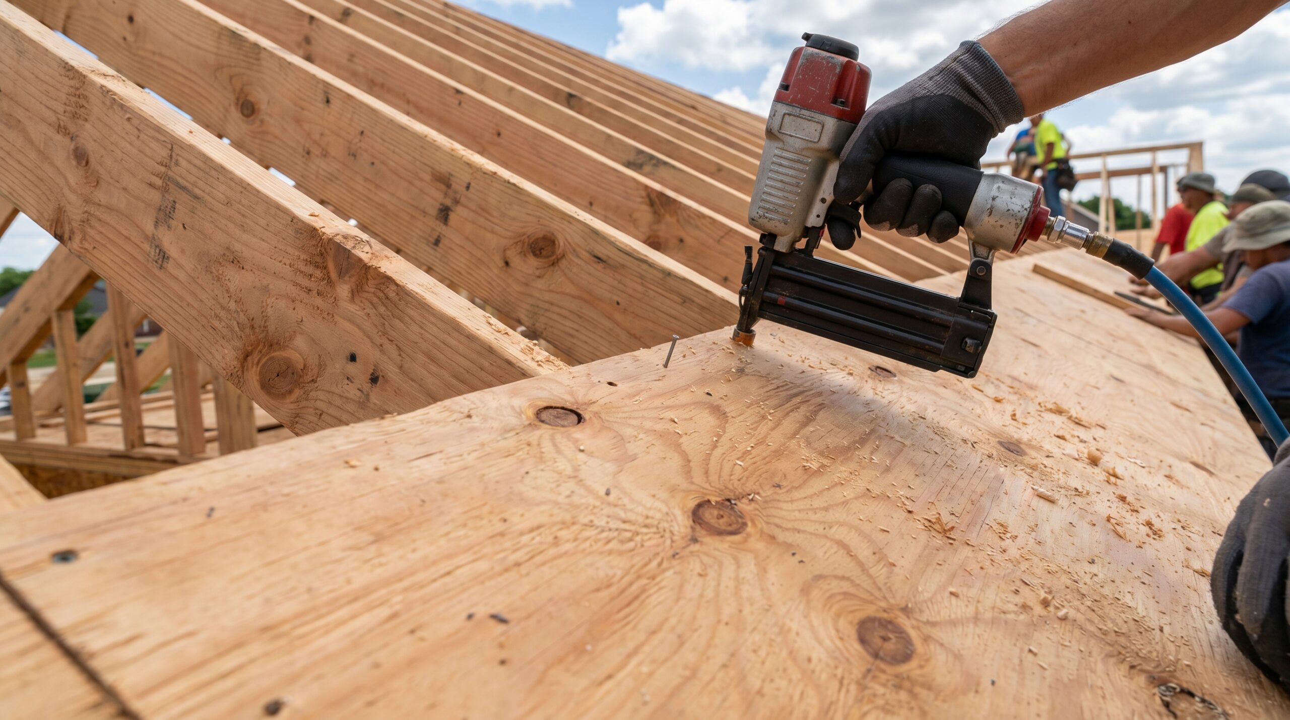 Close-up view of plywood sheathing panels being installed on roof rafters
