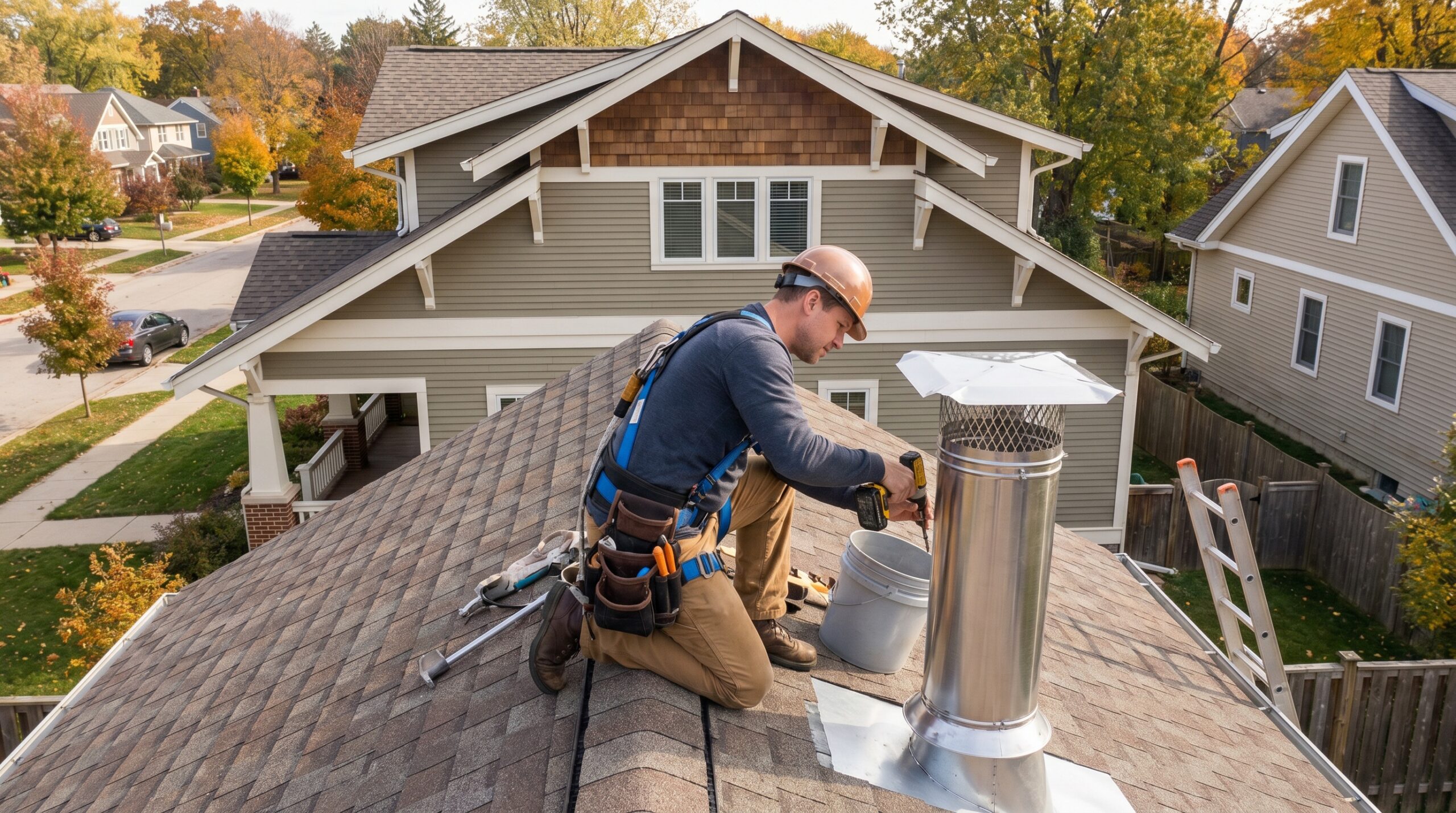 Professional installing chimney cap on residential roof with tools