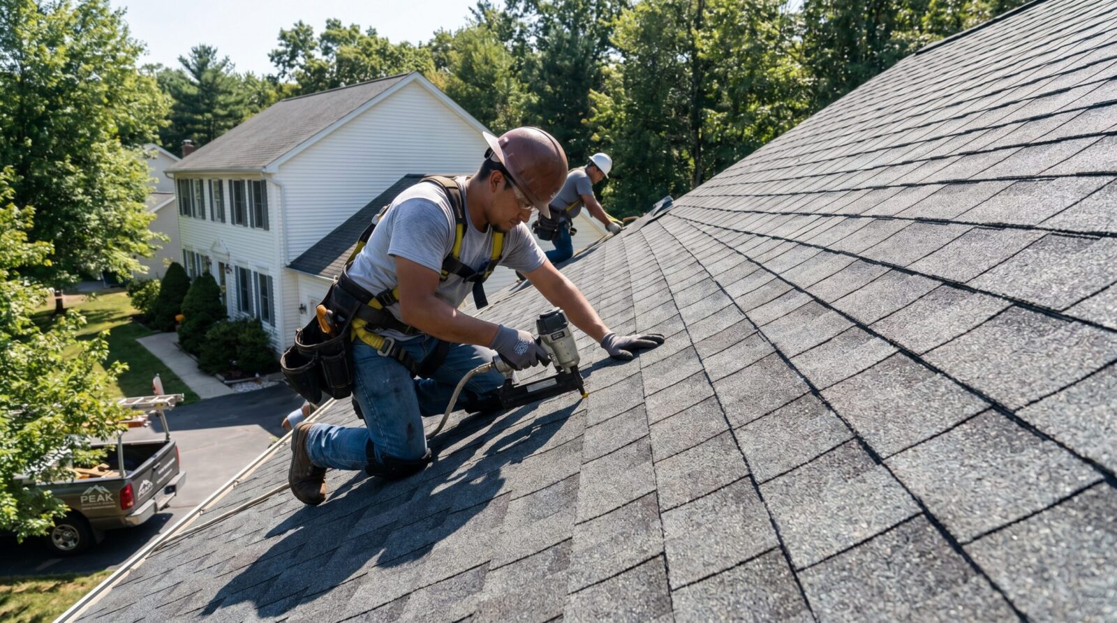 Professional roofer installing impact-resistant shingles for insurance discount