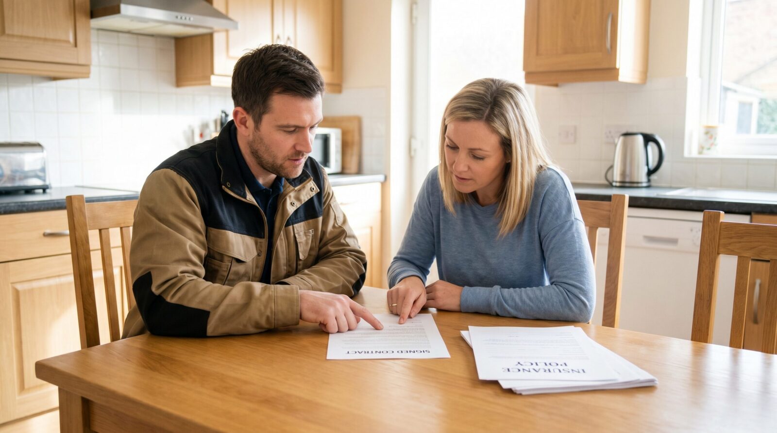 contractor and homeowner reviewing signed contract with insurance paperwork on table