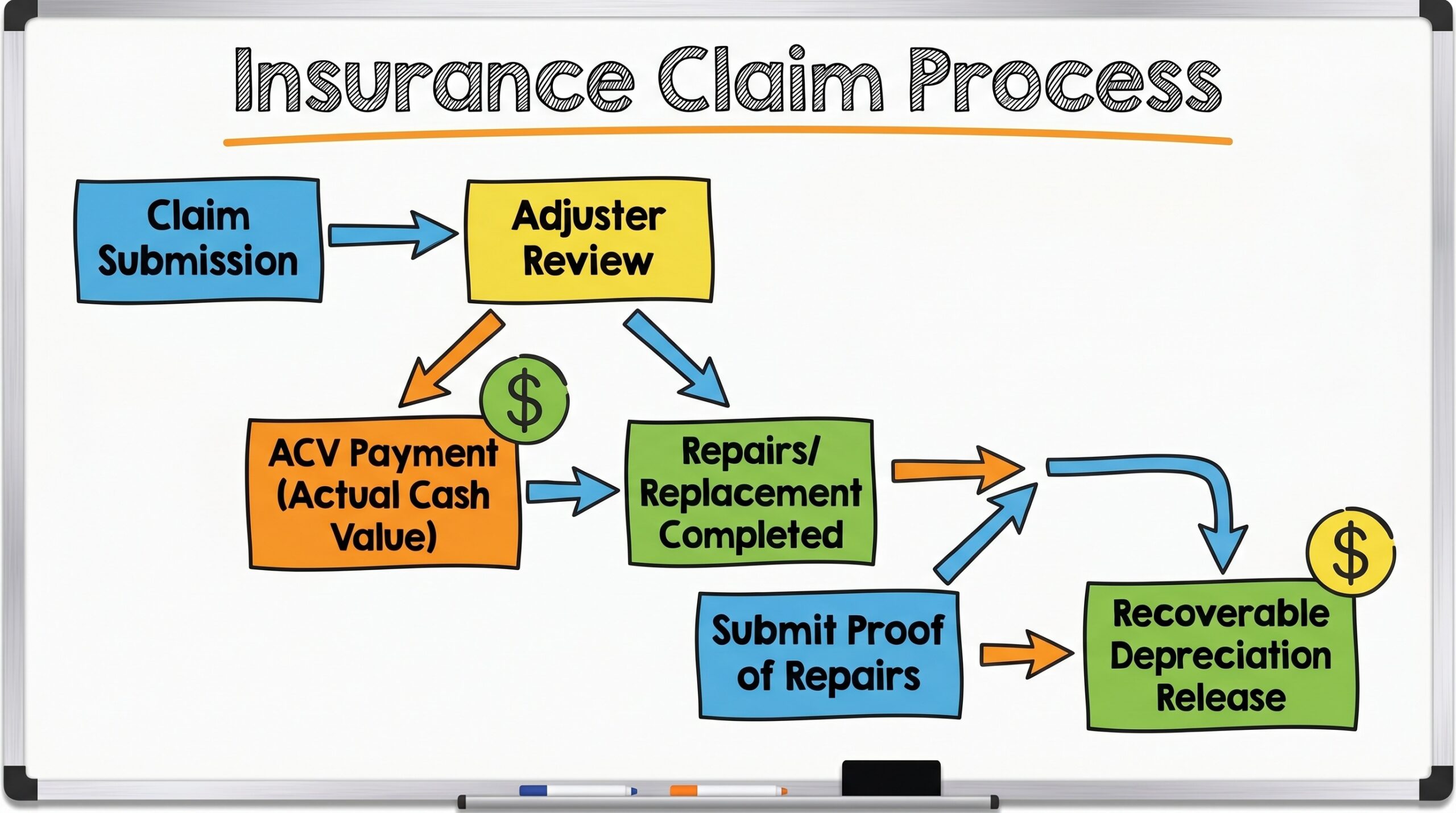 insurance claim process flowchart showing ACV payment followed by recoverable depreciation release