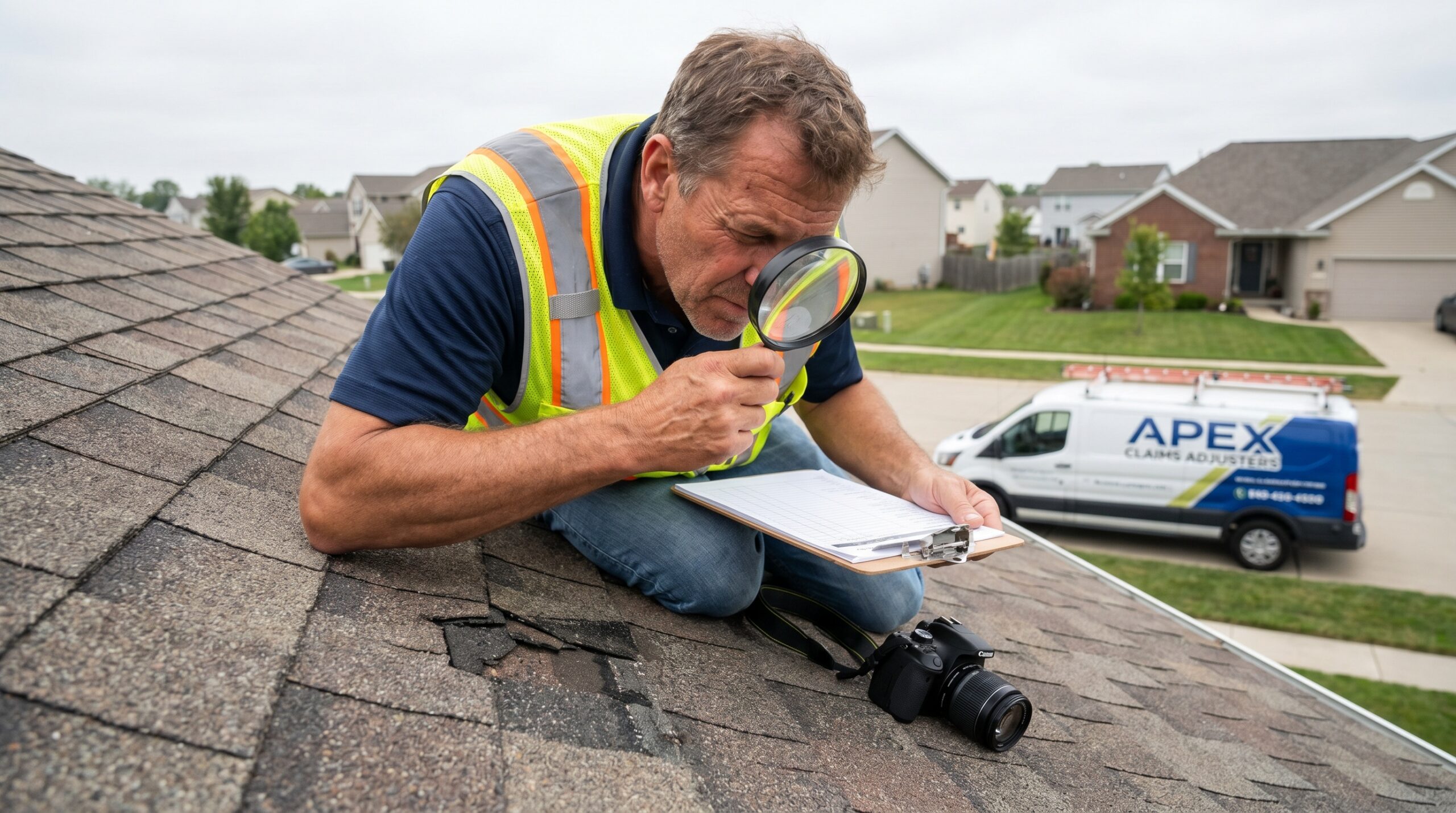 insurance adjuster examining roof shingles with magnifying glass