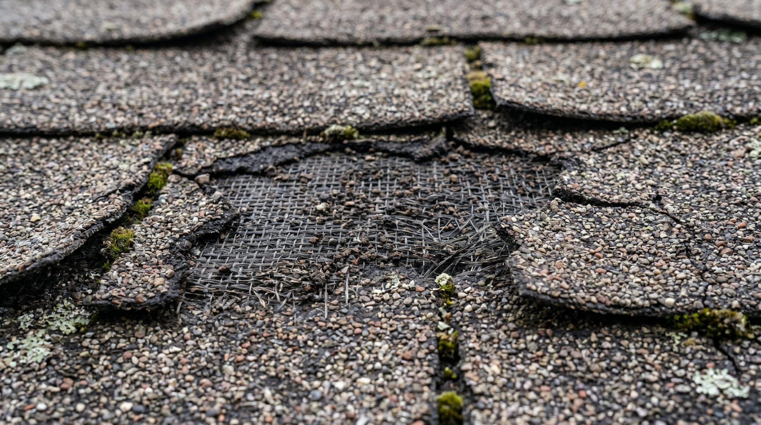 close-up of weathered roof shingles showing granule loss and curling