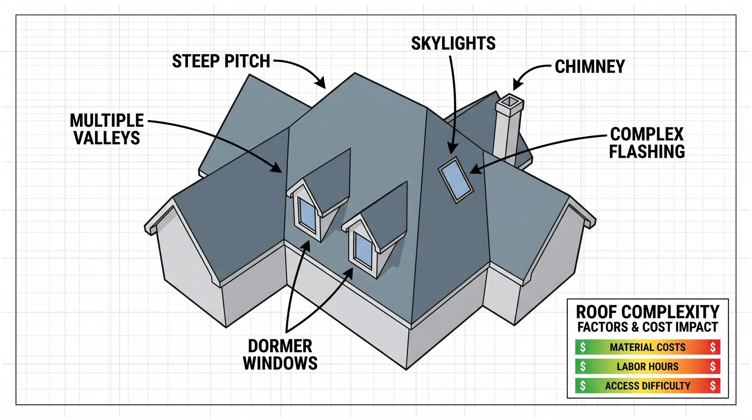 roof diagram showing complexity factors that affect replacement costs