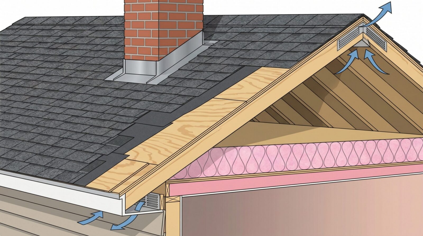 Cross-section view of roof showing flashing, underlayment, and ventilation components