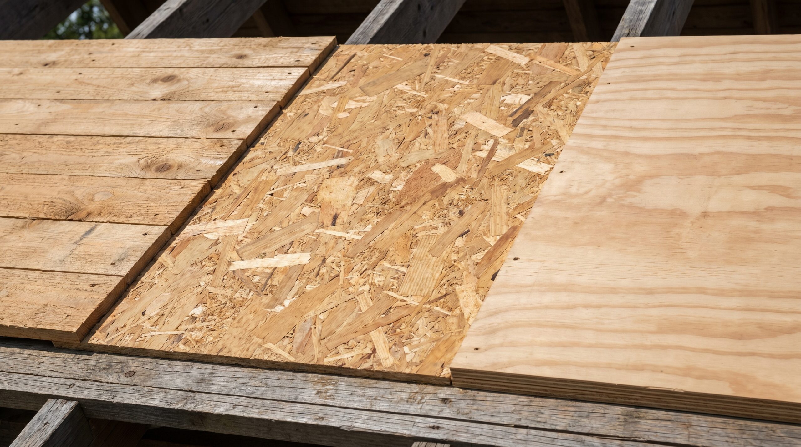 Comparison of three roof decking materials: plank boards, OSB, and plywood