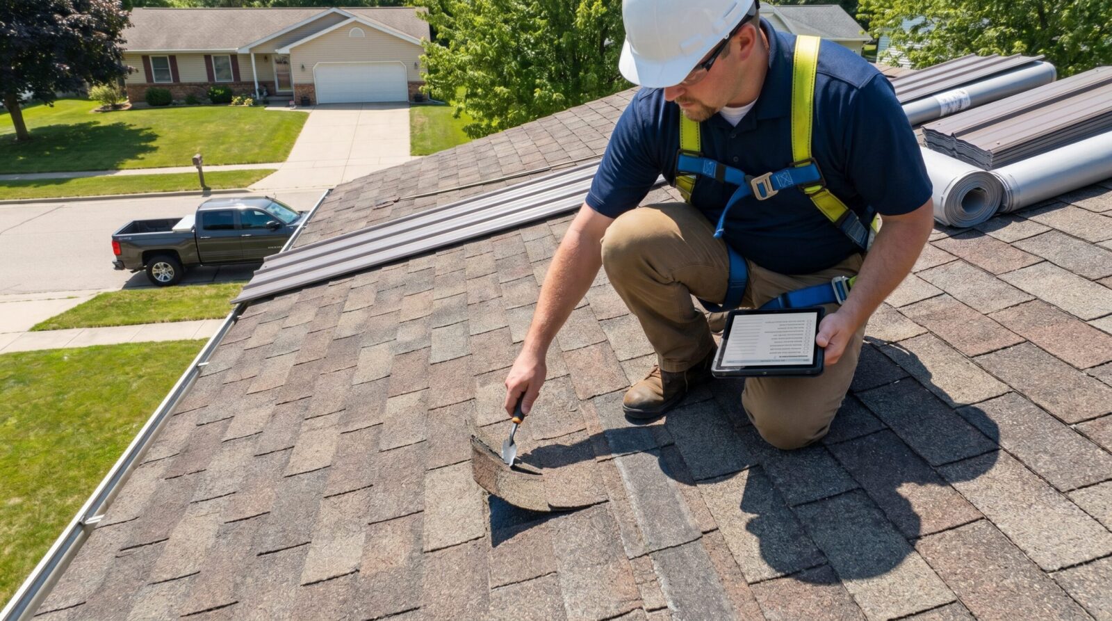roof inspection checking shingle condition before metal installation