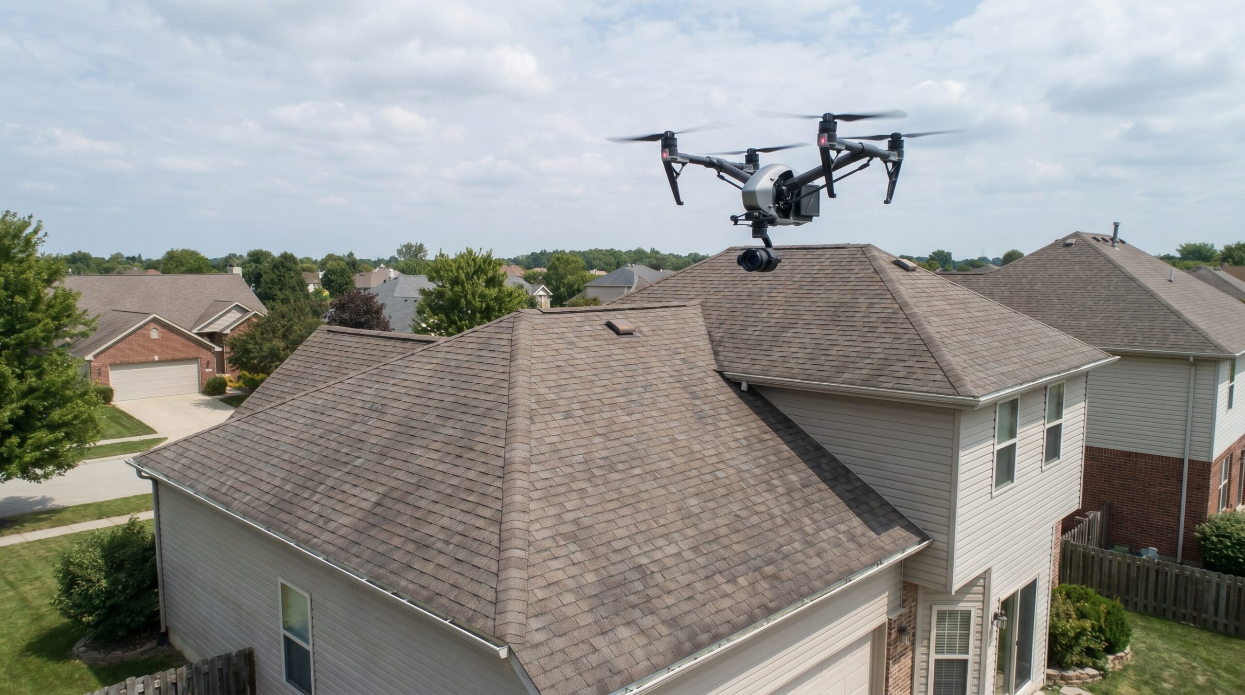 Drone with camera hovering over residential roof inspection