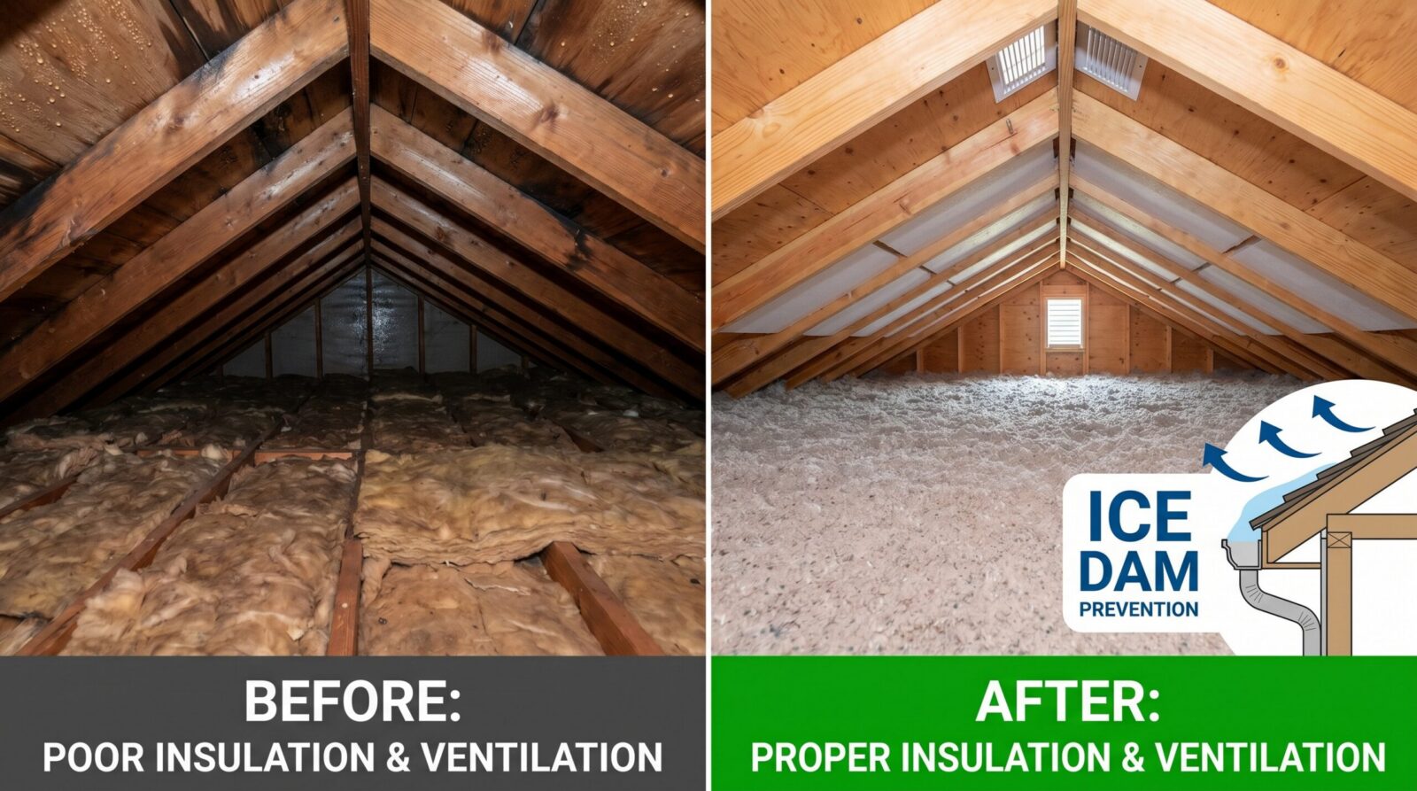 Before and after comparison showing proper attic insulation, ventilation, and ice dam prevention measures