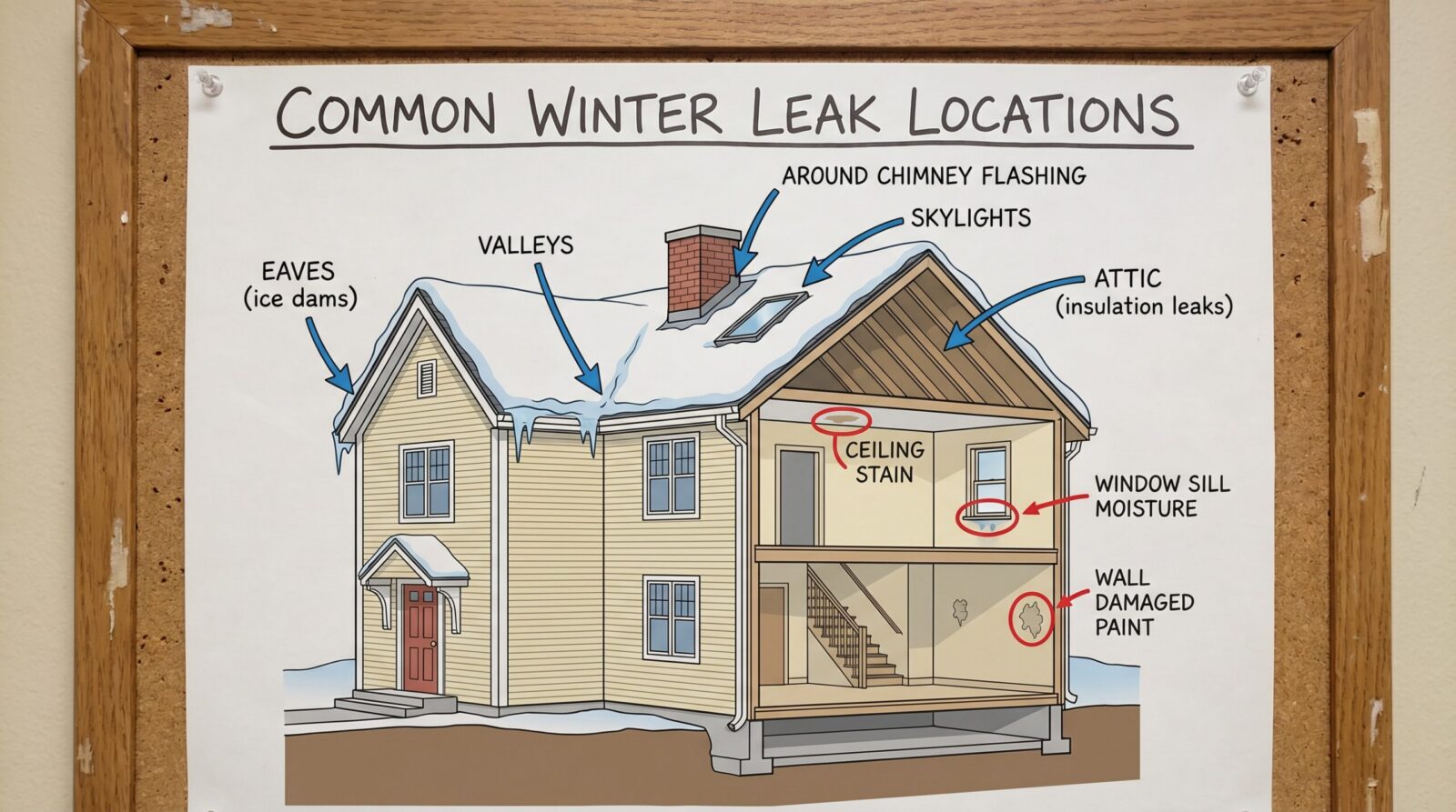 Annotated house diagram showing common winter leak locations: eaves, valleys, around chimneys, skylights, and where leaks appear inside
