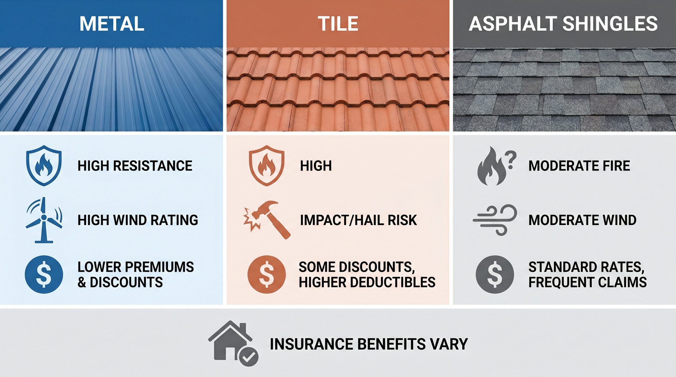 Comparison chart showing roof material insurance impact for metal, tile, and asphalt