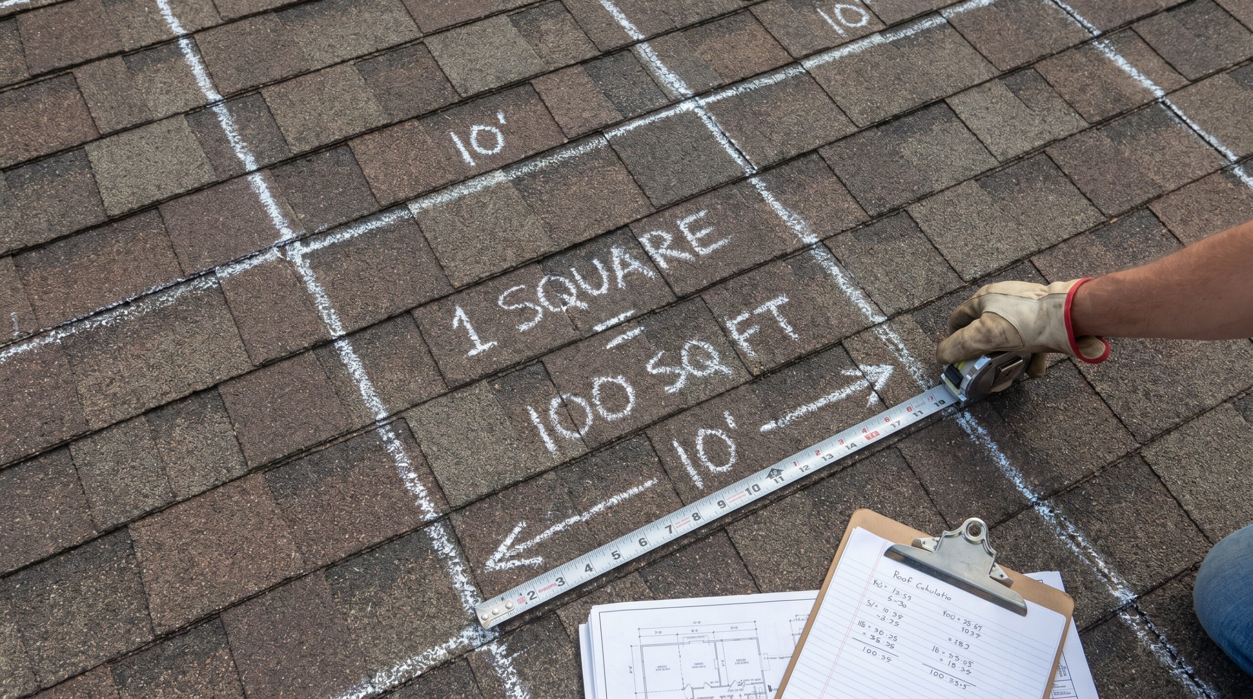 Close-up diagram showing roof measurement with squares marked out on a residential roof