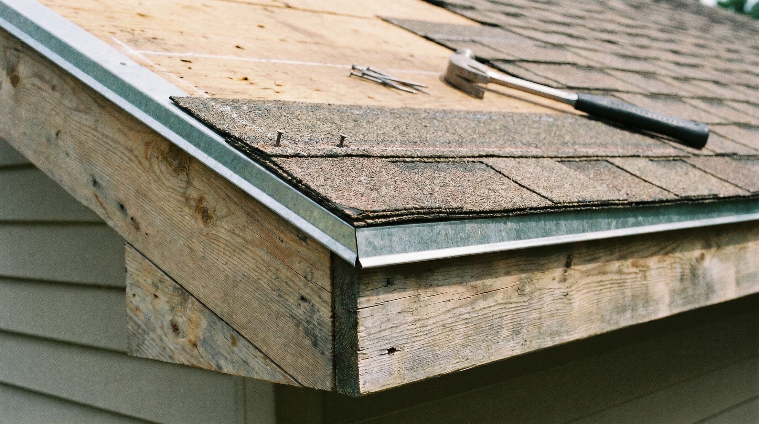 Close-up photo showing rake edge components including drip edge, starter shingles, and rake board installation