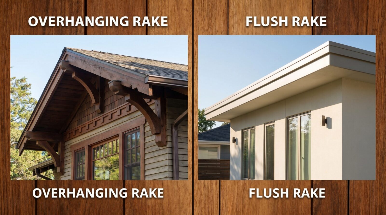 Side-by-side comparison photos showing overhanging rake with decorative brackets versus flush rake with simple trim