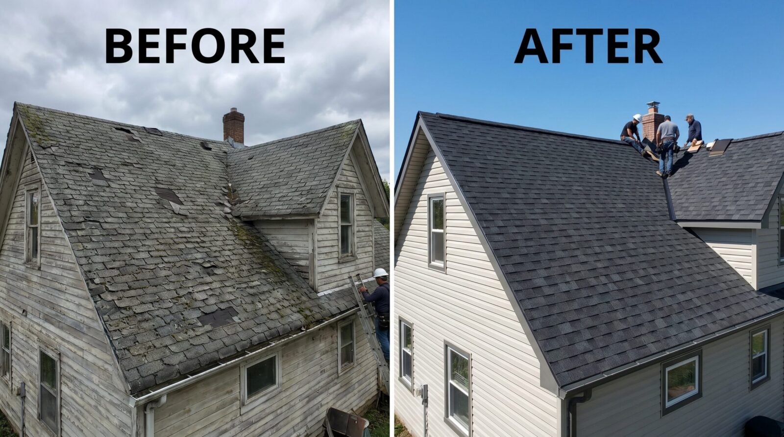 Before and after photos showing roof replacement process from old damaged shingles to new installation