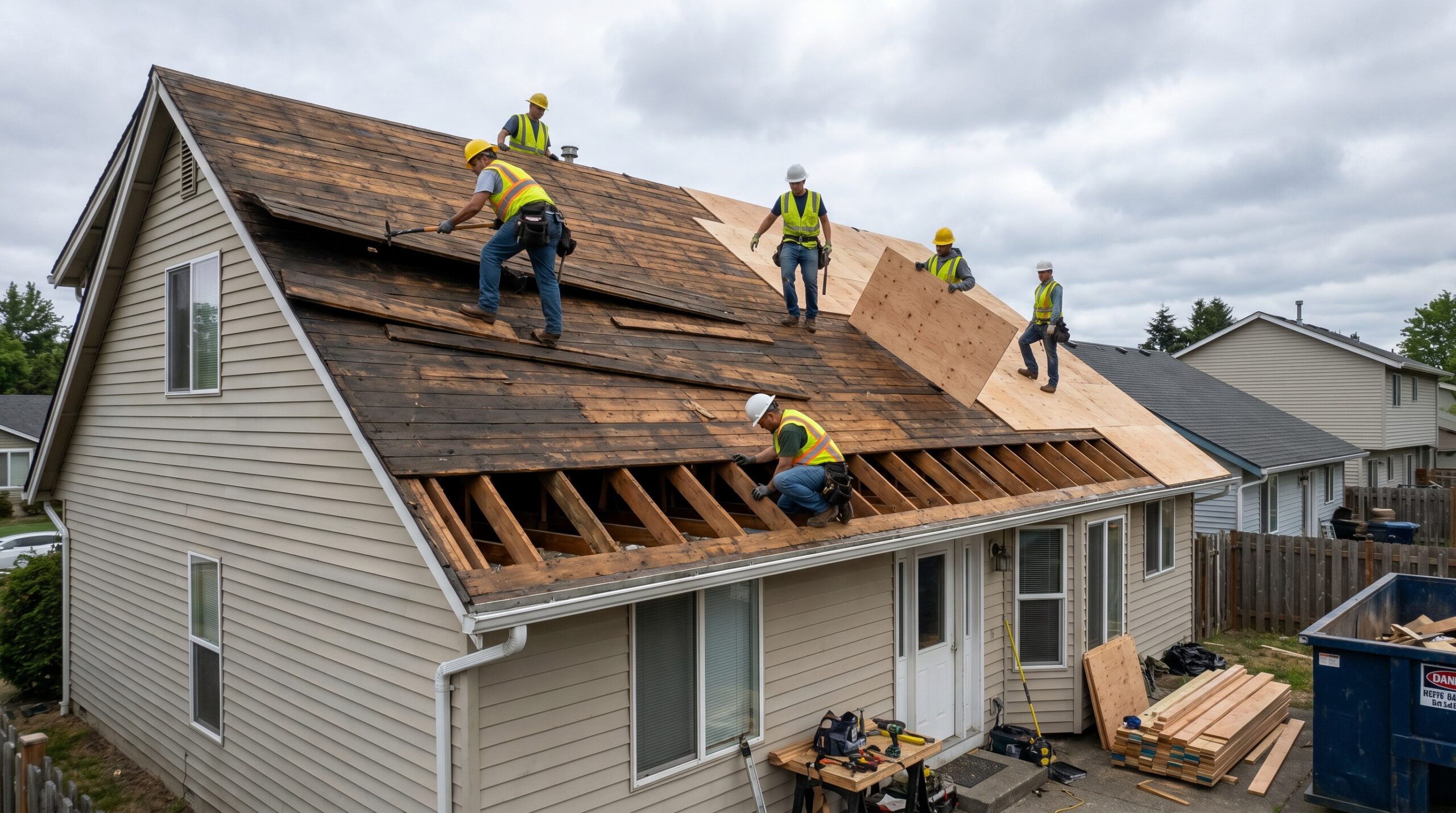 Roof replacement process showing sheathing inspection and replacement