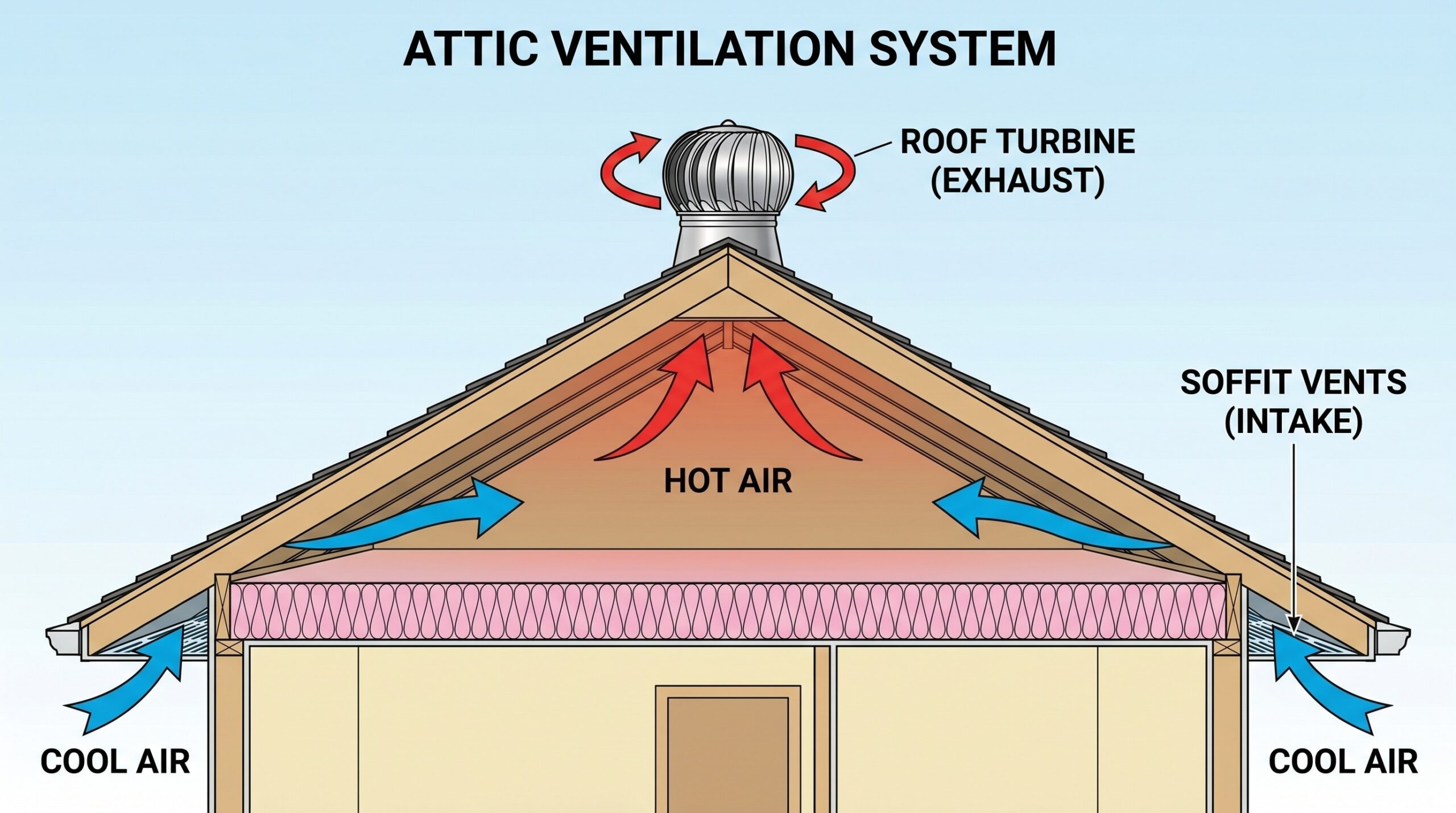 cross-section diagram showing hot air rising through roof turbine with cool air entering through soffit vents