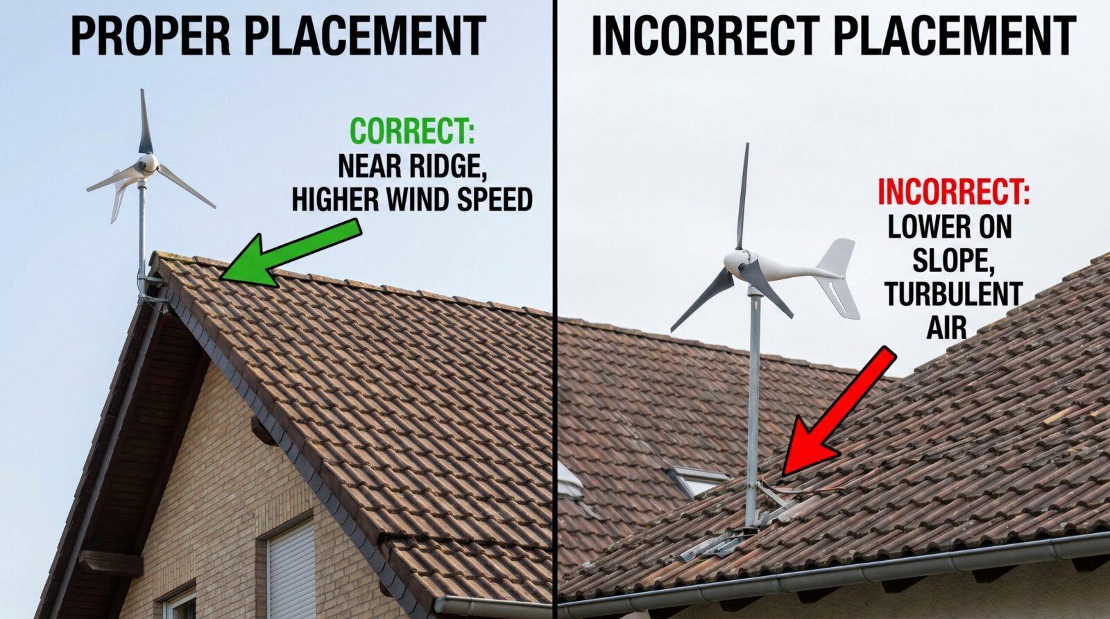 comparison showing proper turbine placement near roof ridge versus incorrect placement lower on roof slope