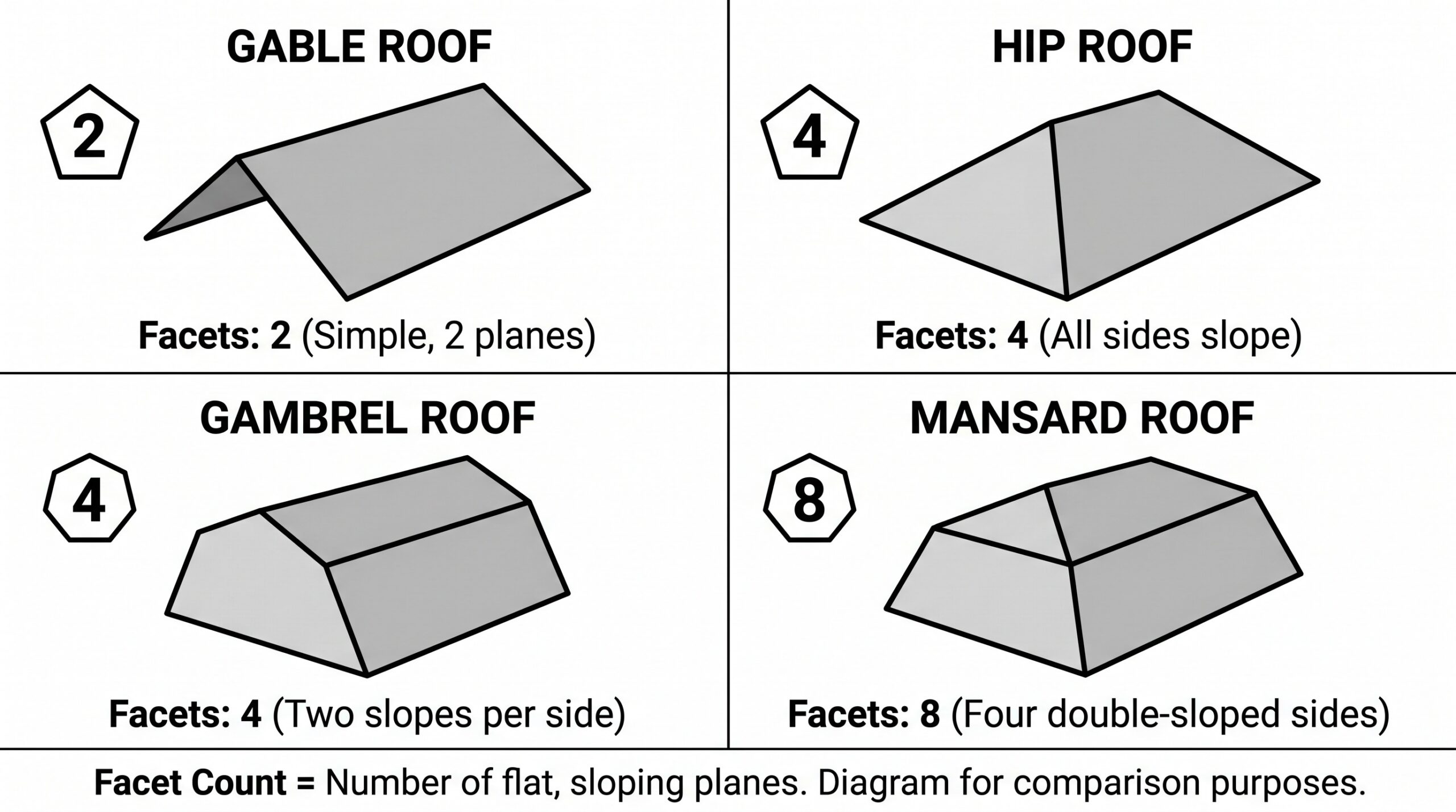 Comparison diagram showing facet count on different roof types