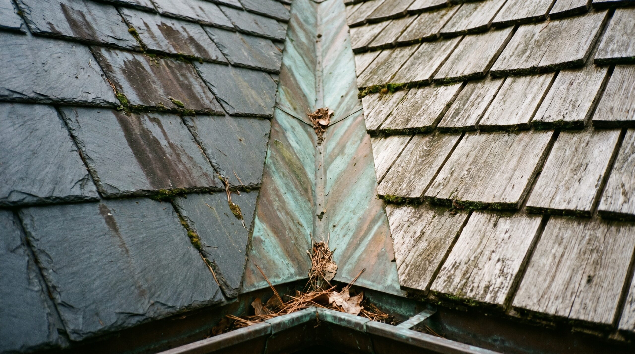 Close-up photo of roof valley where two facets meet showing flashing