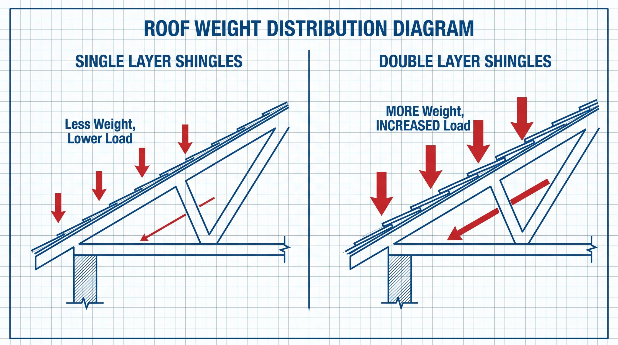 Diagram showing roof weight distribution with single versus double layer shingles