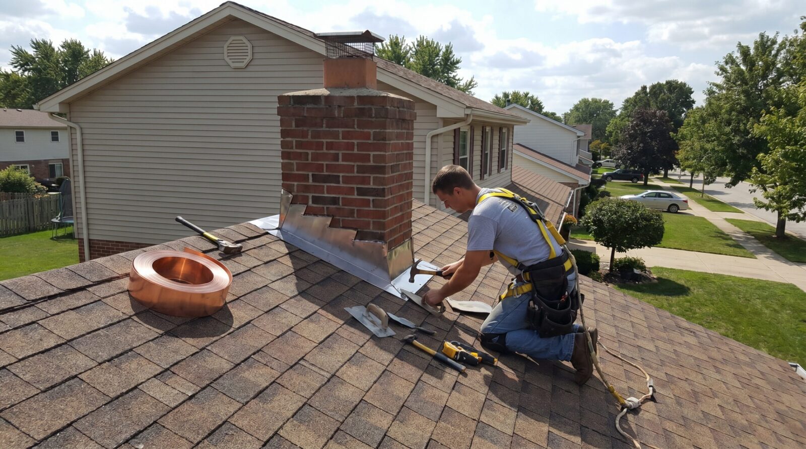 Roofer installing flashing around chimney penetration