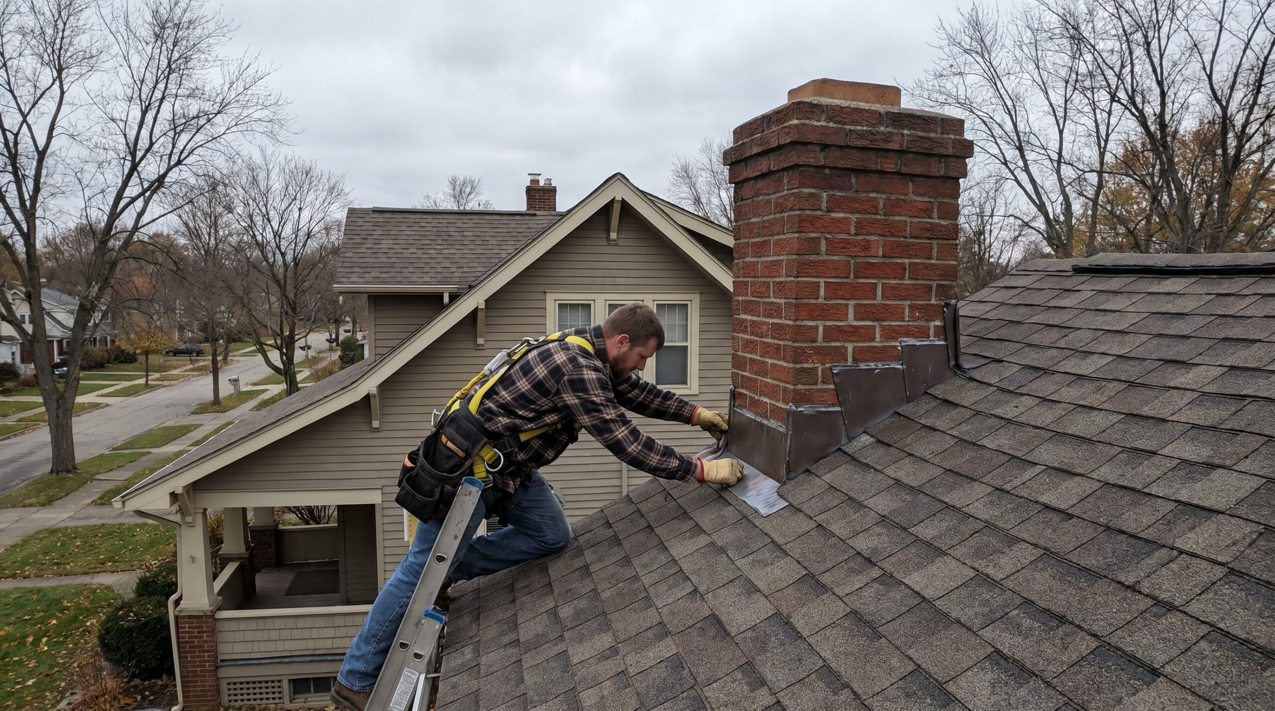 Roofer repairing flashing around chimney on Northeast Ohio home